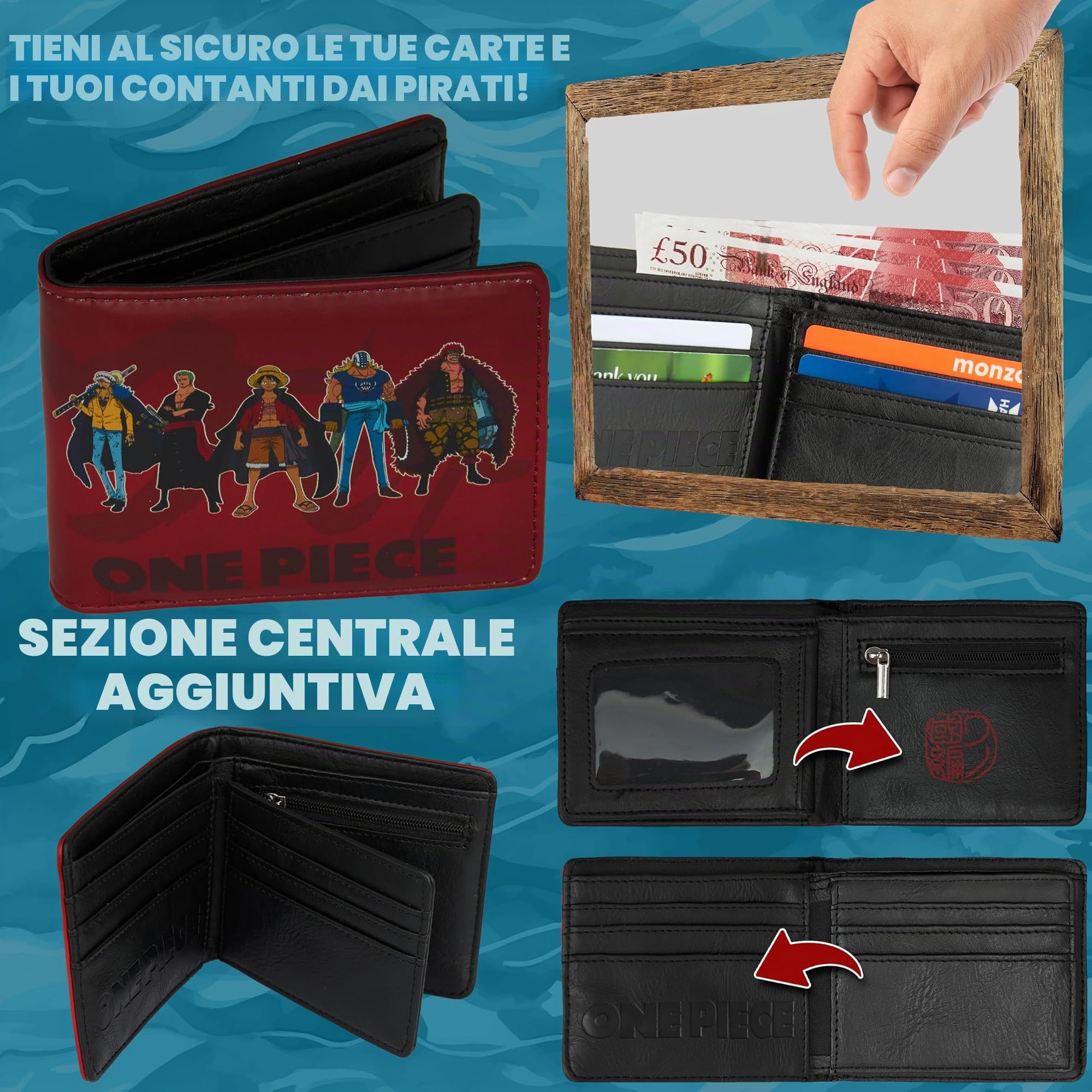 One Piece Portafoglio Ragazzo Uomo Bambini, Porta Carte e Porta Soldi Similpelle, Sottile Portafogli Anime, Accessori Viaggio (Borgogna)