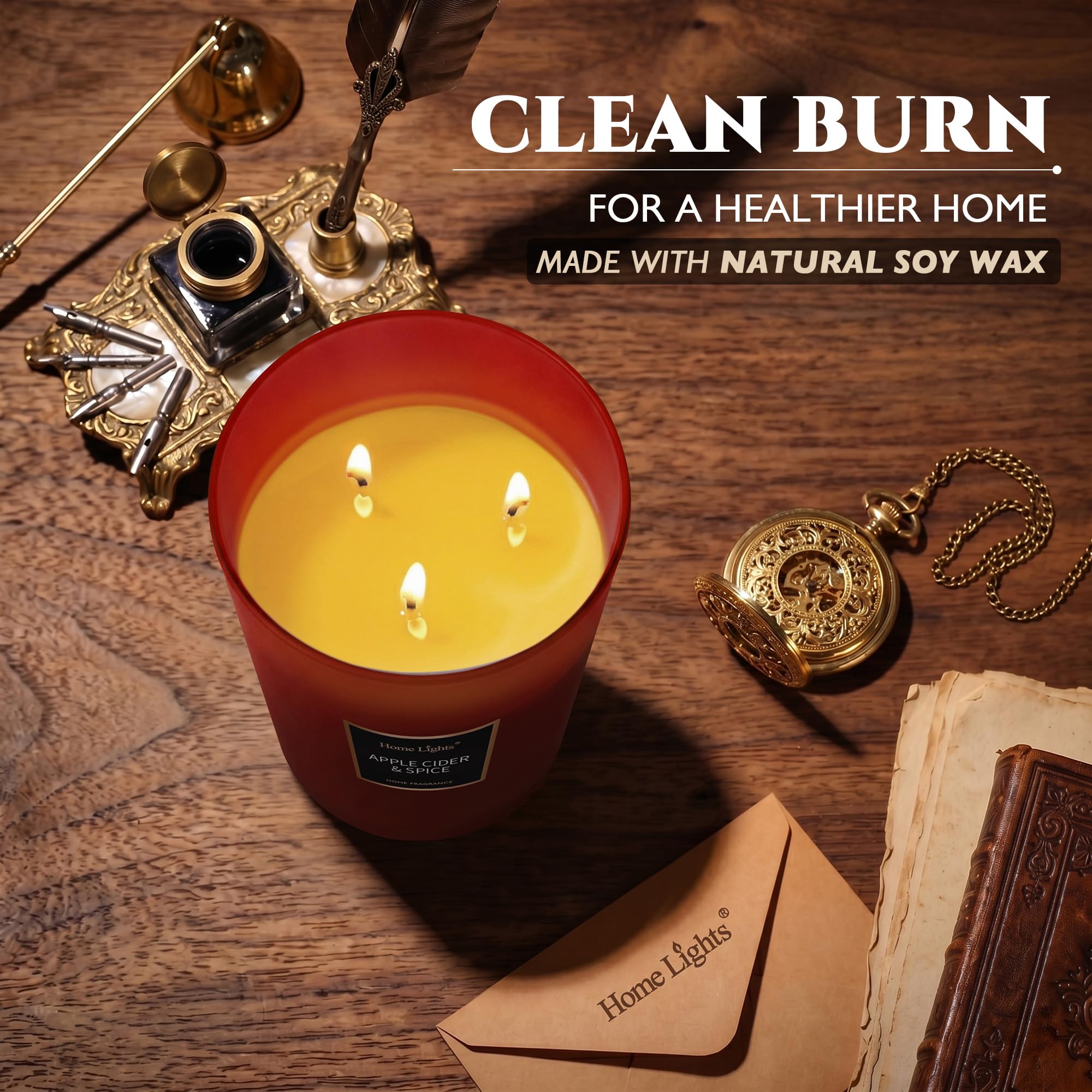 HomeLights - Candele di soia altamente profumate per la casa, 3 stoppini in cotone, senza fumo di lunga durata 70 ore in sidro di mele e spezie, 5 x 6, ottimo regalo per donne e uomini