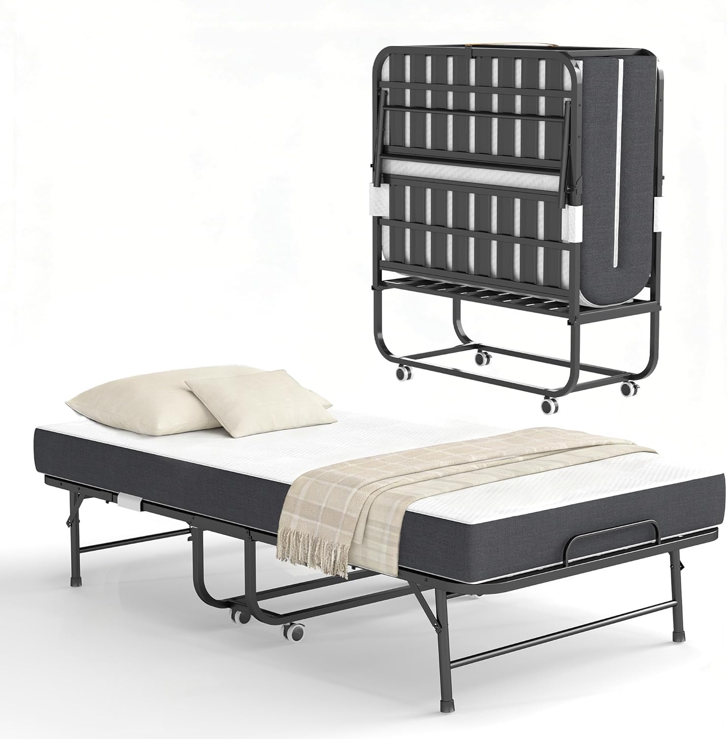 Folding Bed with Mattress for Adults, 75" x 38" Foldable Beds Memory Mattress, Portable Roll Away Bed on Wheels, Folding Metal Beds Frame for Guest, Twin Size