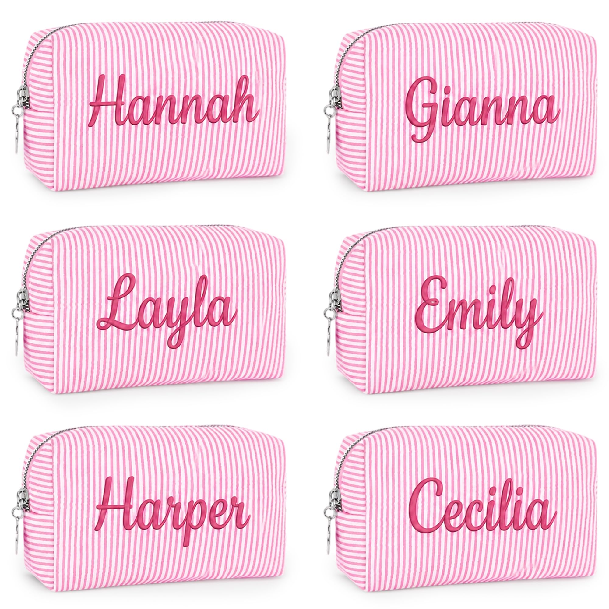 Ajiangwu 6PCS Bridesmaid Gifts Personalized Makeup Bag with Embroidered Name,Custom Small Travel Cosmetic Bag Pink Toiletry Bag Bulk for Wedding Bachelorette Party Favors