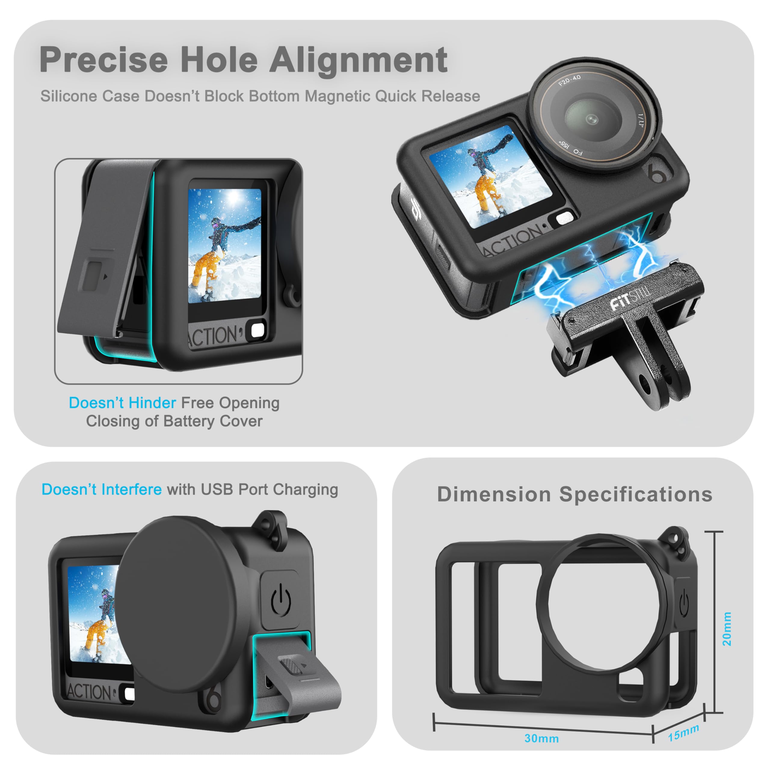Étui en caoutchouc silicone + 3 protecteurs d'écran en verre trempé pour DJI Osmo Action 6