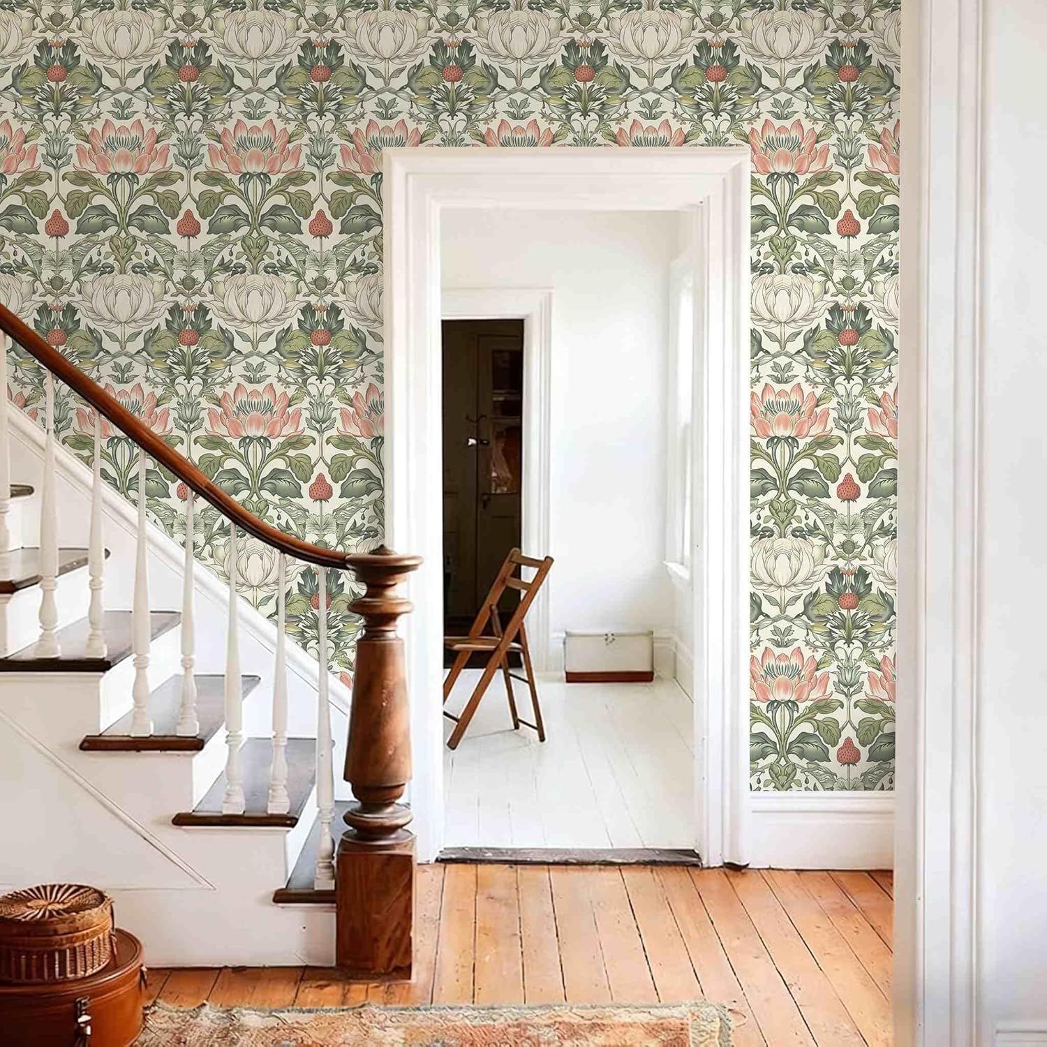 Vintage Botanical Floral Peel and Stick Wallpaper Acanthus Floral （Beige & Green） Art Nouveau Flower Pattern for Home Decor | 17.7" x 236", Self-Adhesive, Waterproof Vinyl