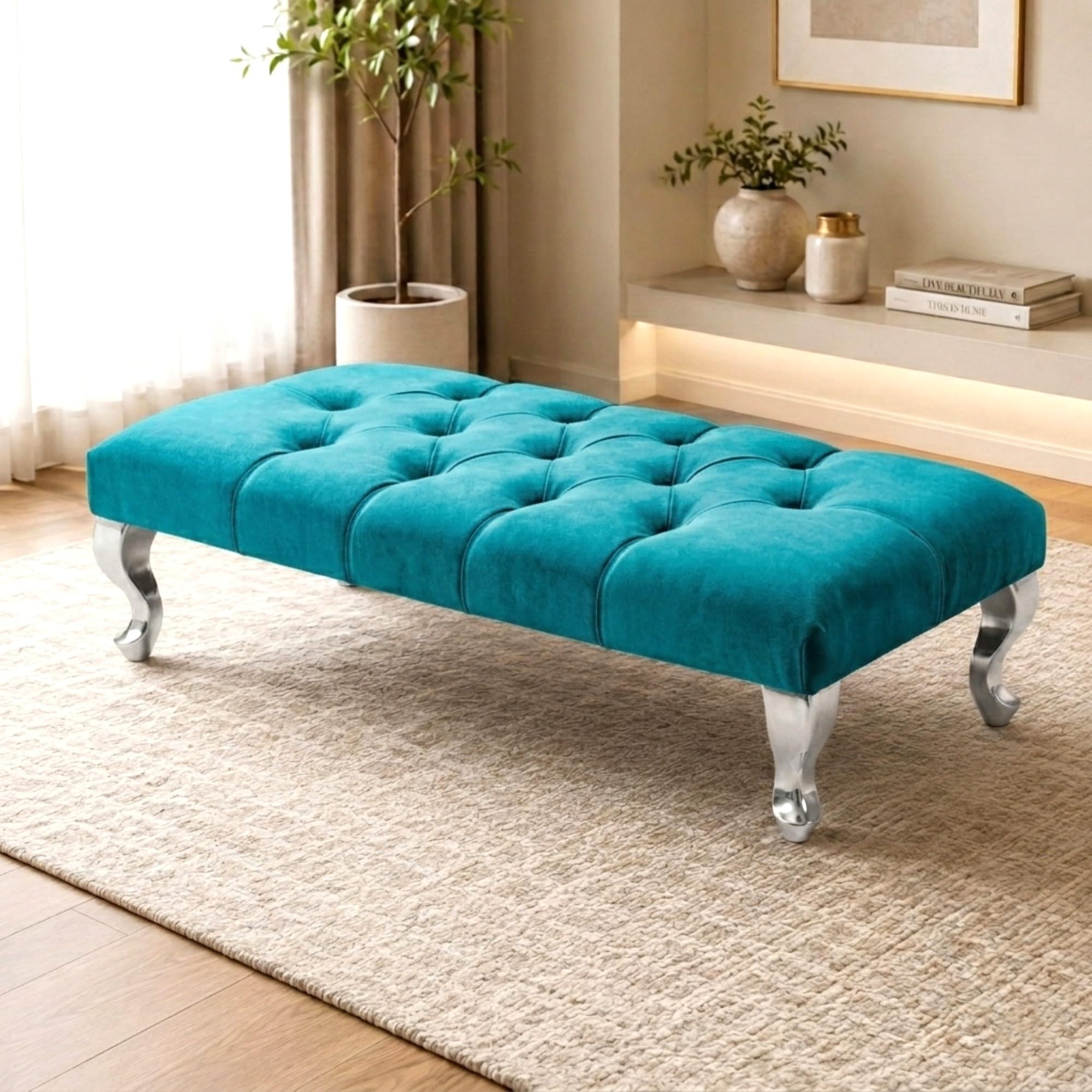 Aiza Chesterfield Velvet Footstool Bench Silver Legs 102cm - Teal
