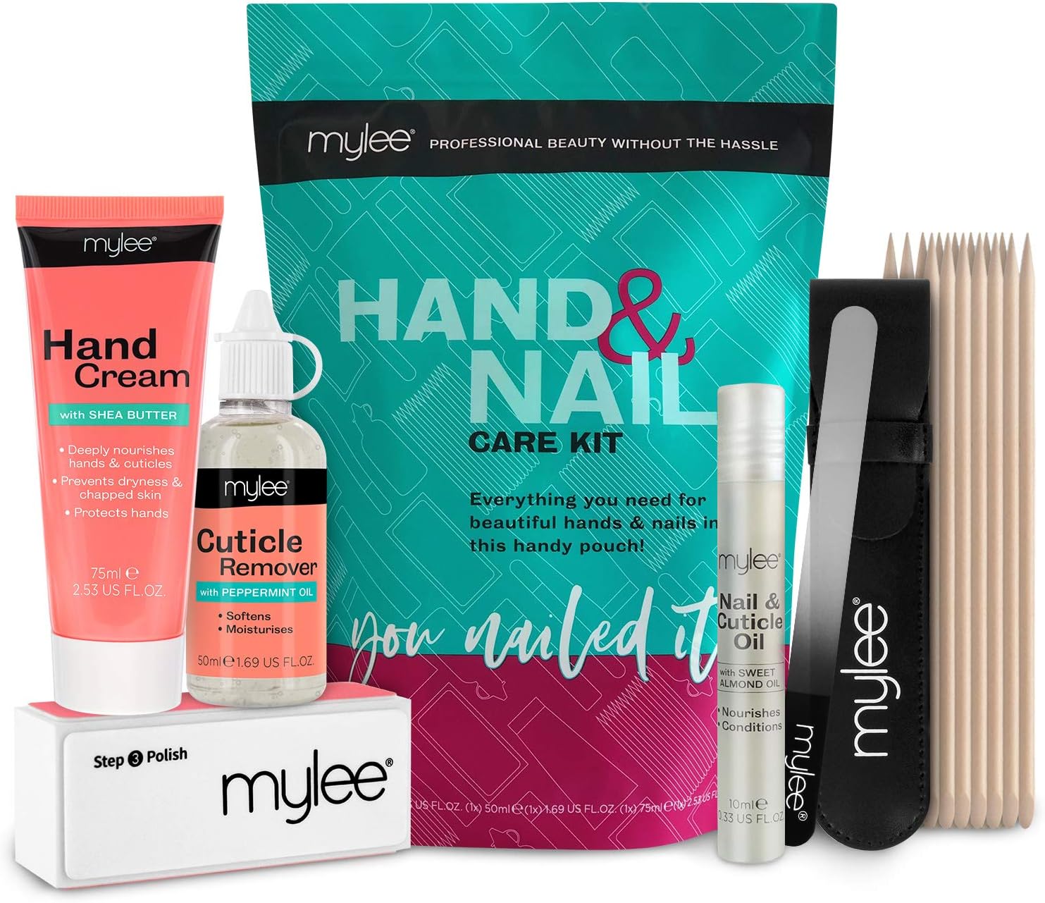 Mylee Hand & Nail Care Kit, Cuticle Remover, Moisturising Hand Cream & Cuticle Oil Roller Pen, with Shea Butter, Sweet Almond & Argan Oils & Vitamin E, 3-Way Buffer, Cuticle Sticks & Crystal Nail File