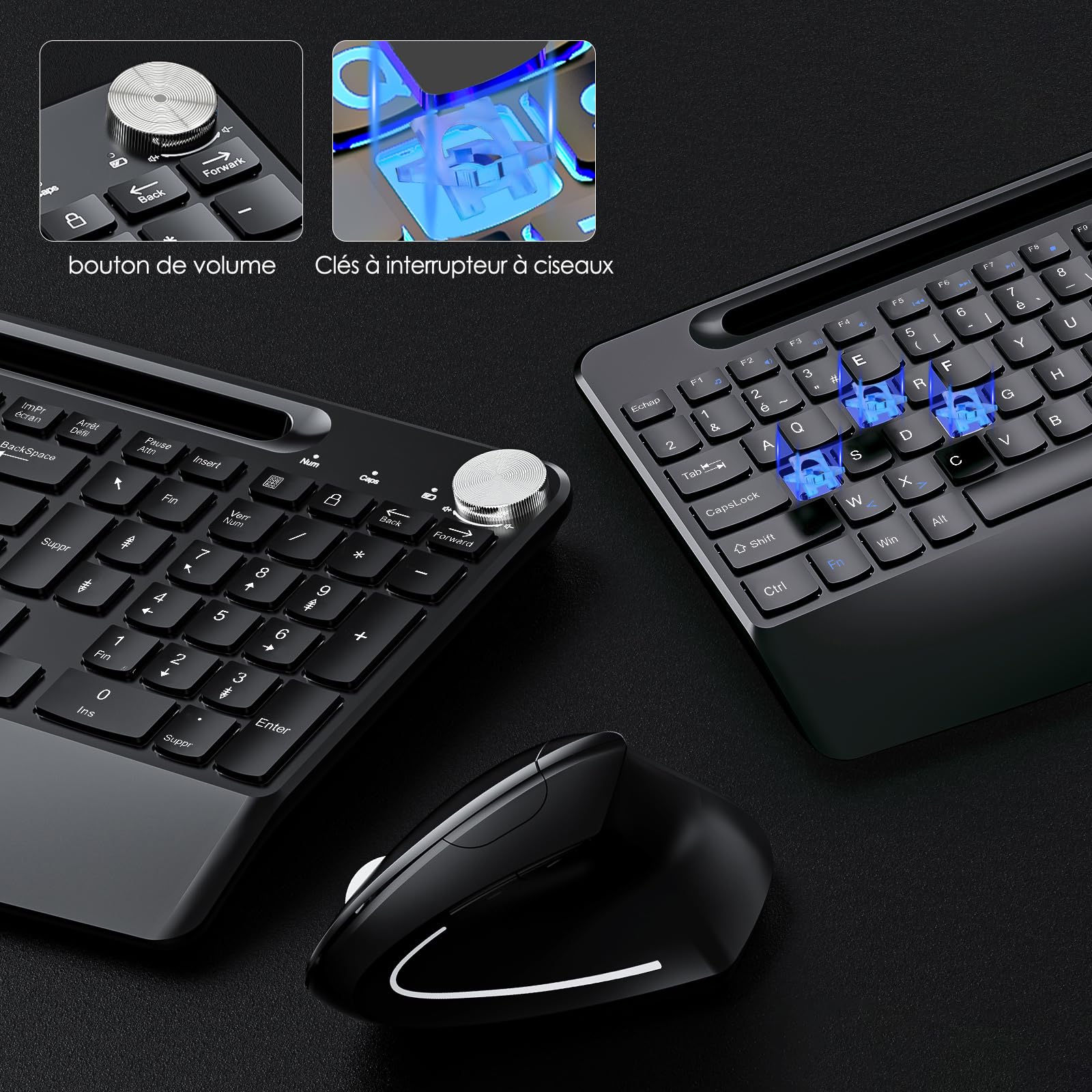 Clavier Ergonomique Pleine Taille et Souris Verticale sans Fil 2,4 GHz avec Support pour tablettes, Repos-Poignet et Bouton de Volume, adapté aux Ordinateurs Portables Mac/PC et Chromebook