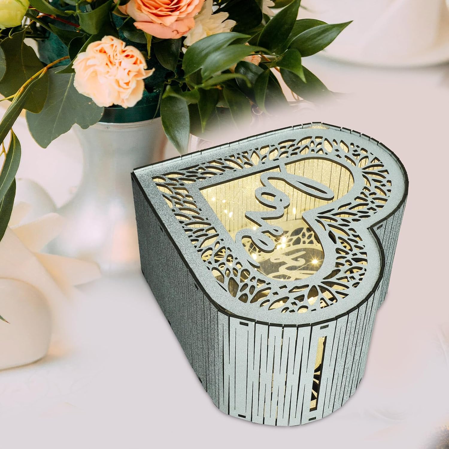 Vaguelly Wooden Heart-shaped Wedding Card Box with Lock, Rustic Blessing Card Container for Reception and Anniversary Party Decor,