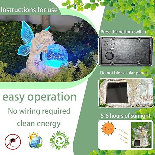 Miniatura 7 de Estatuas solares de jardín de hadas, estatua al aire libre con bola de vidrio, luces solares de resina impermeable, decoración de patio, césped,