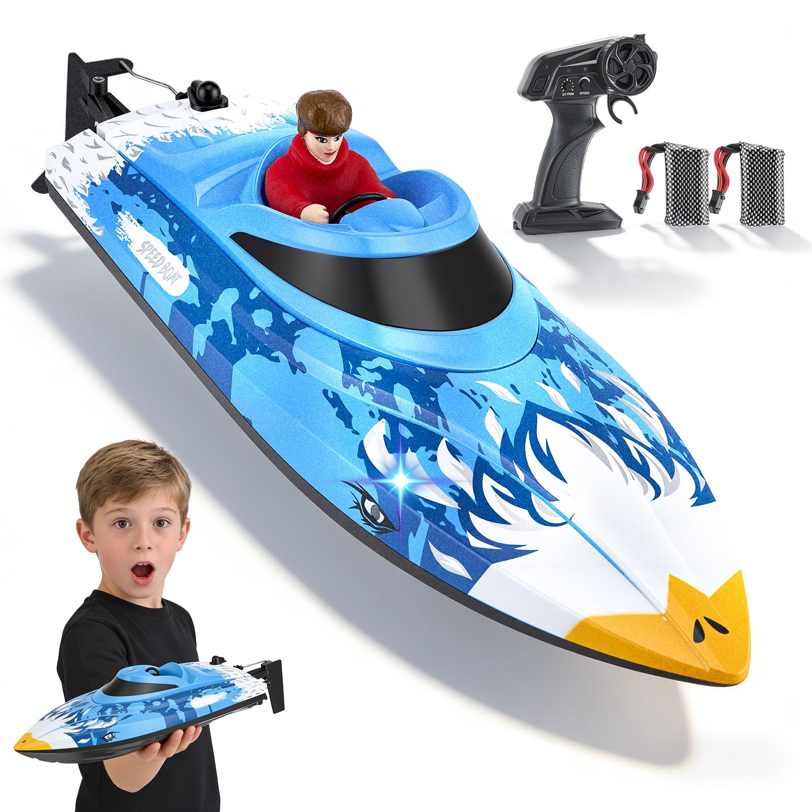 Barca RC telecomandata 25 km/h Telecomando a 2,4 GHz con portata di 120 m Motoscafo impermeabile con LED e funzione di ribaltamento 2 batterie e raffreddamento ad acqua per piscina, lago, blu