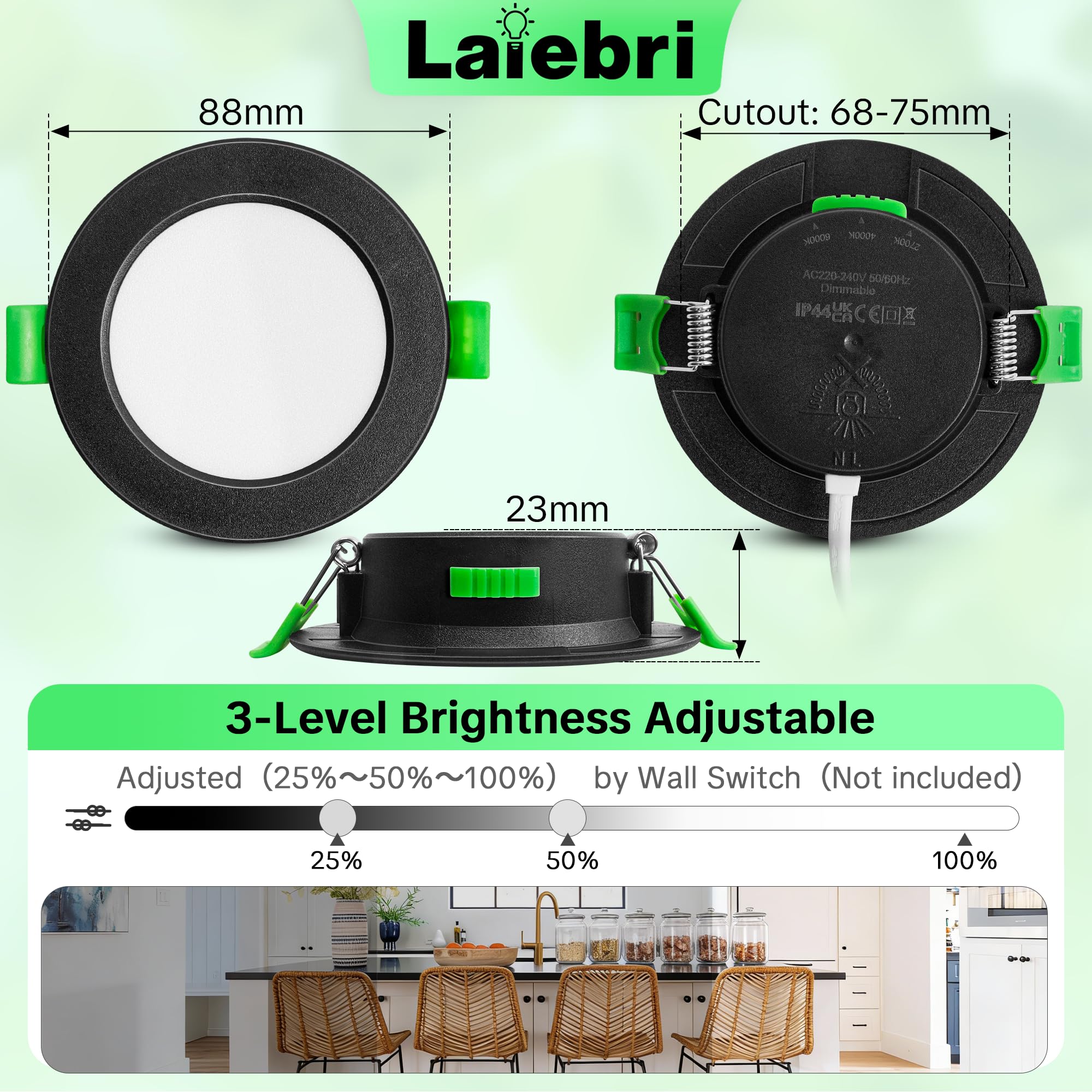 Led Einbaustrahler 230V Schwarz Extra Flach IP44 5W 500LM 2700K/4000K/6000K Ø68-75mm Deckenspots