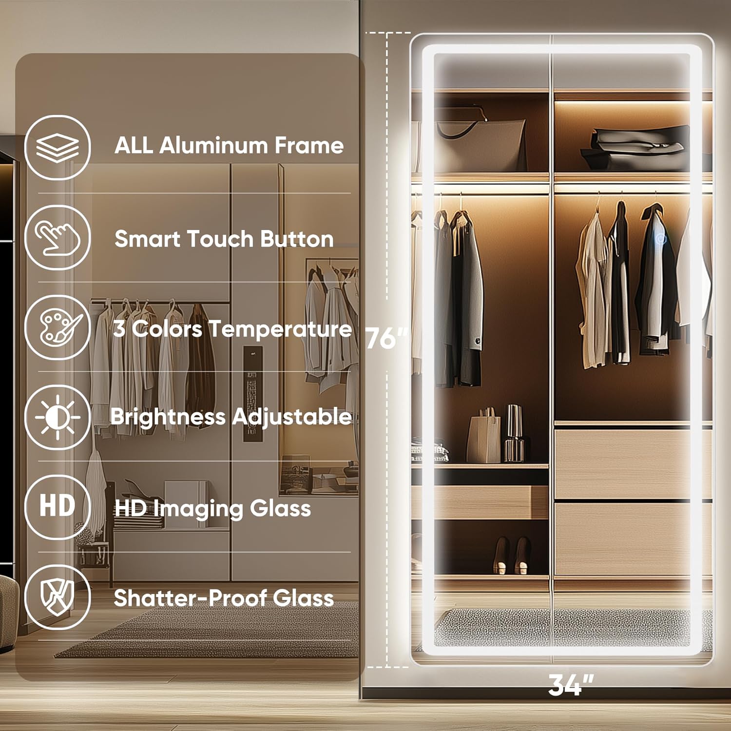 Antok LED Full Length Mirror with Light, 76"x34" Lighted Full Body Mirror with Stand, Dimmable & 3 Color Lighting Standing/Leaning/Wall Mounted Vanity Mirror for Bedroom Cloakroom Livingroom(Rect)