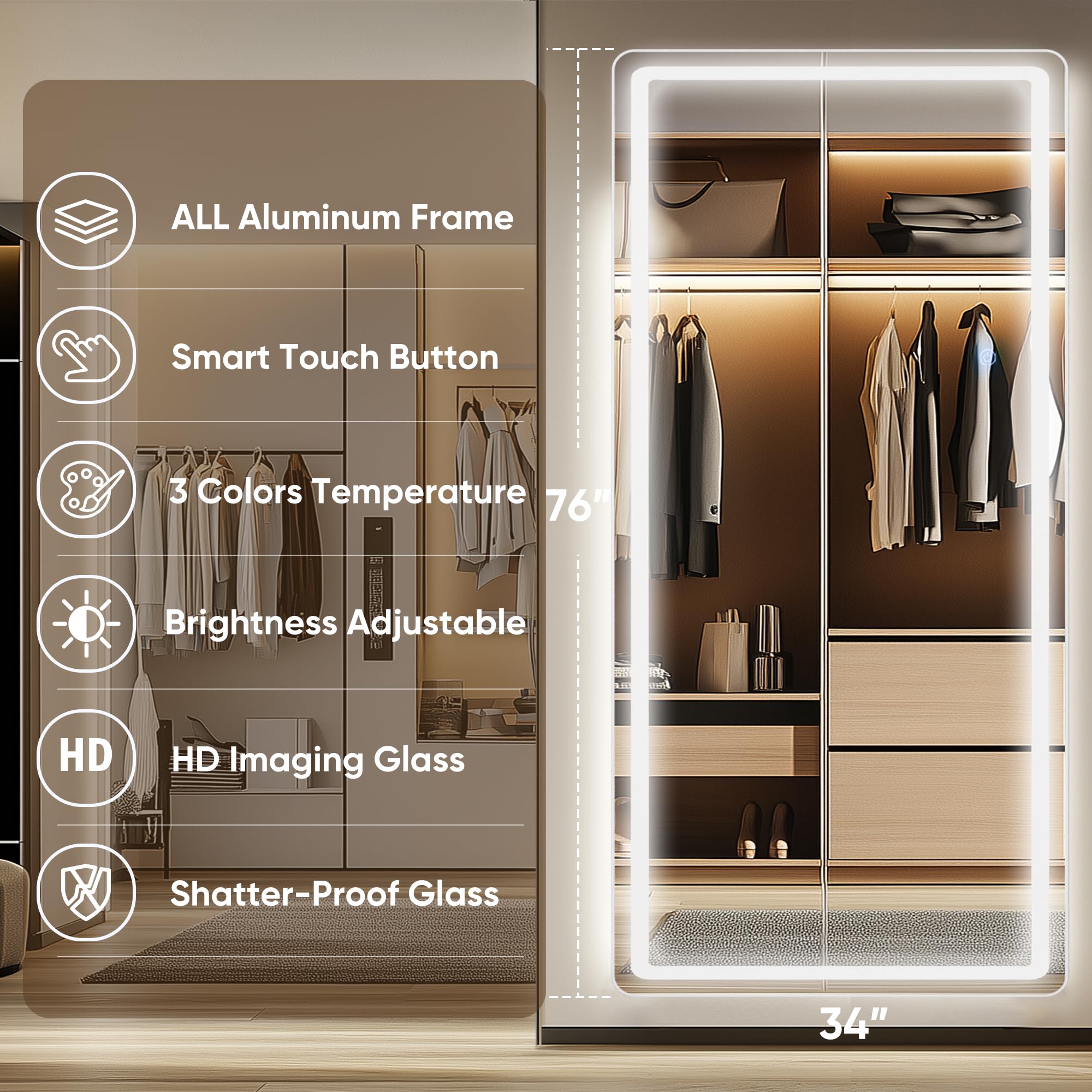 Antok LED Full Length Mirror, 71" x 28" Lighted Floor Standing LED Mirror Full Length,Hanging Mirrors with Stand Free Standing Floor Mirrors for Bedroom (Rect): 76"L x 34"W Rect Style White