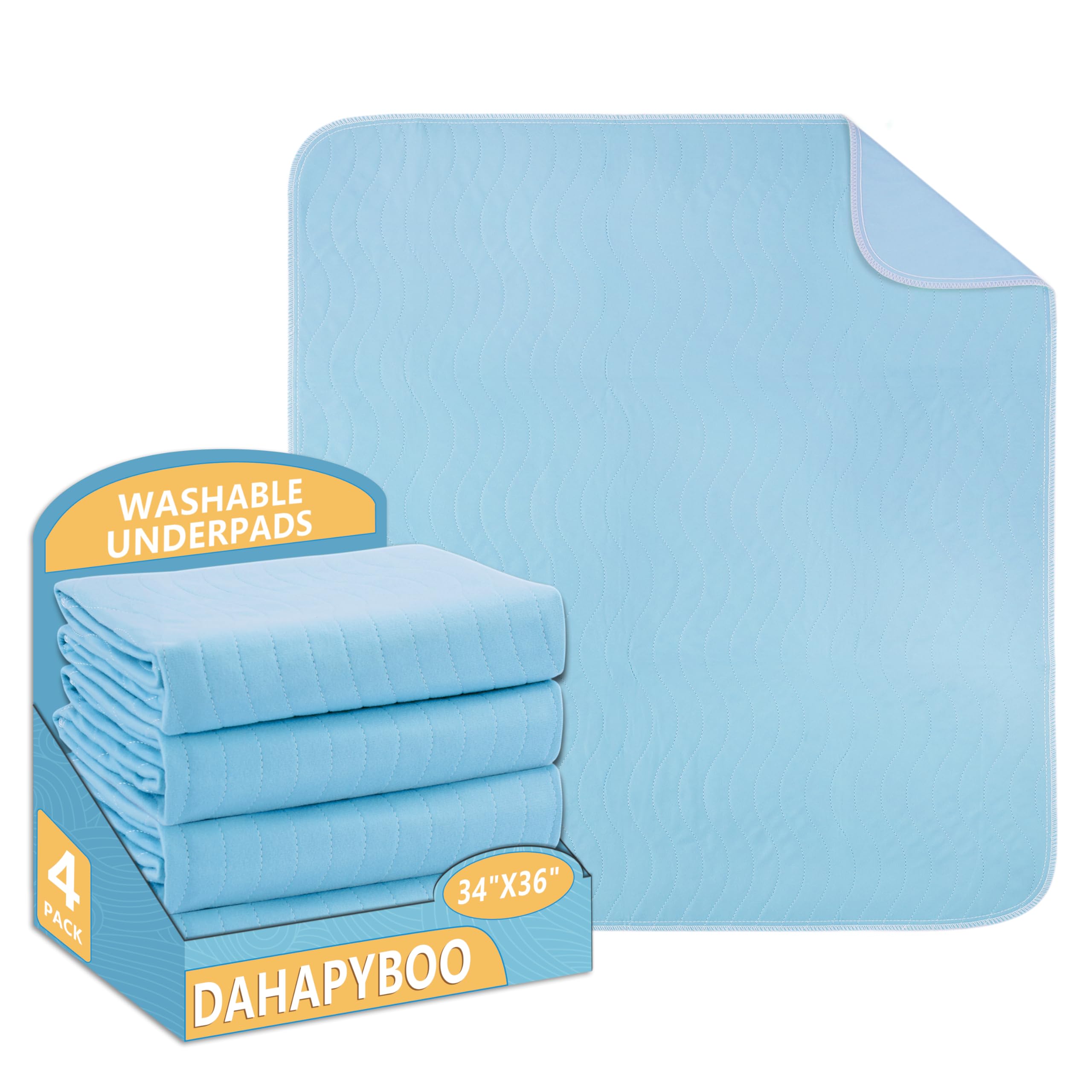 DAHAPYBOO Washable Underpads, 34”x36” 4Pack Incontinence Bed Pads,Heavy Absorbency Reusable Bed Pads for Elderly,Kids,Adults and Pets,Bed Pads
