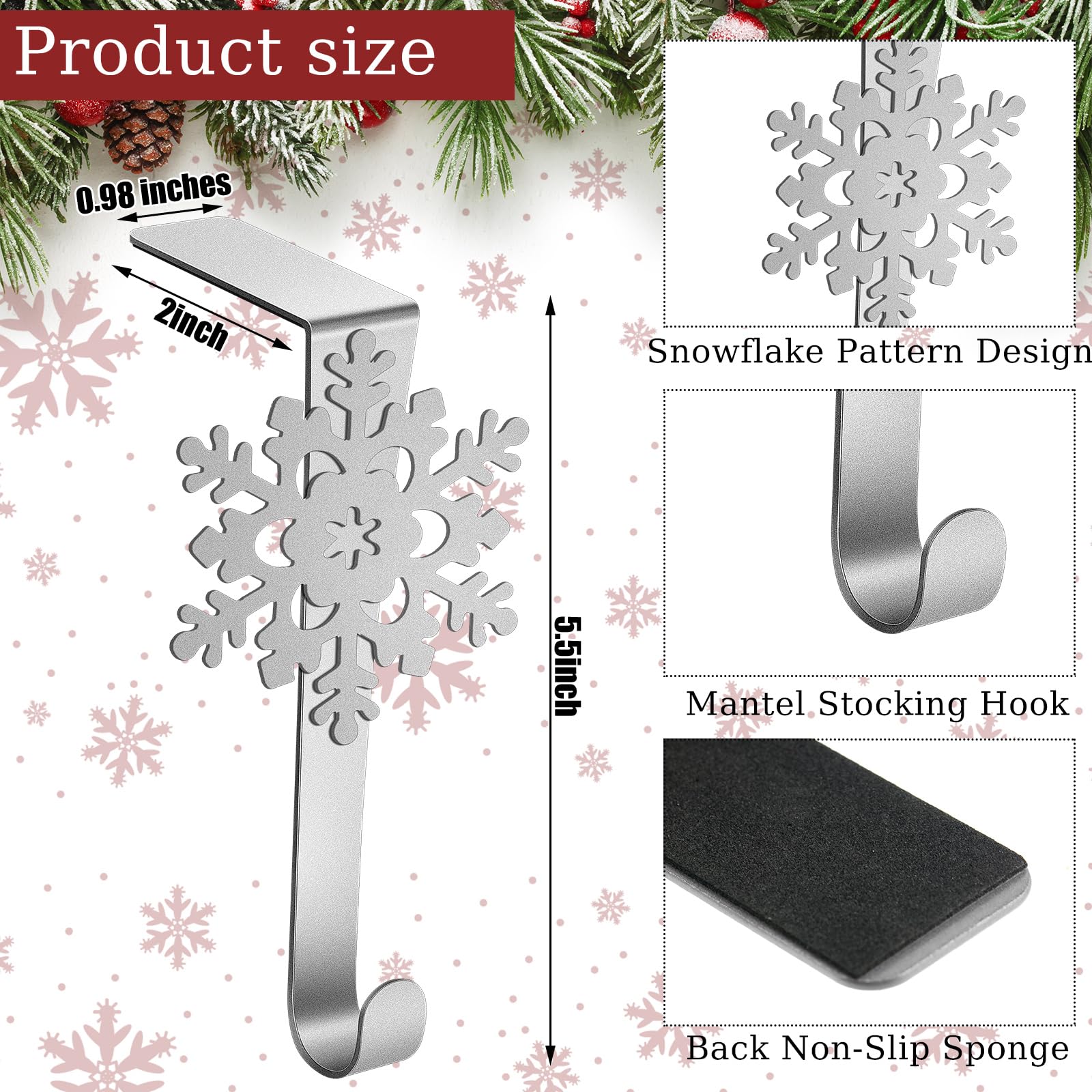 Lounsweer 12 Pieces Snowflake Christmas Stocking Holders Metal Mantel Stockings Hangers Stand Christmas Ornament Hooks Metal Fireplace Clips for Xmas(Silver)