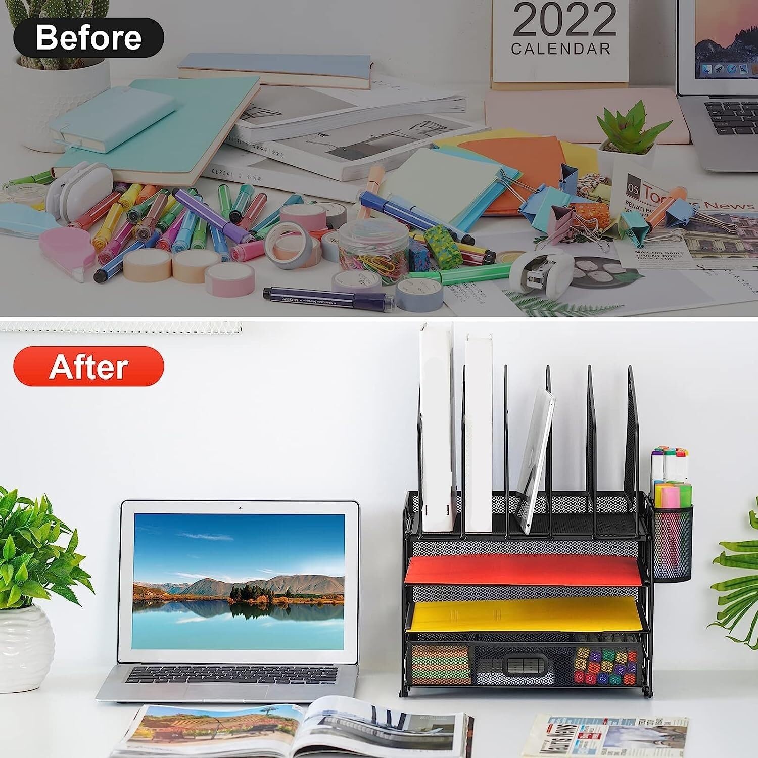 Organizzatore Scrivania Organizer da Scrivania con Cassetto in Rete A 4 Livelli 5 Portadocumenti Verticali E 2 Portapenne, Multifunzione Ufficio(A)