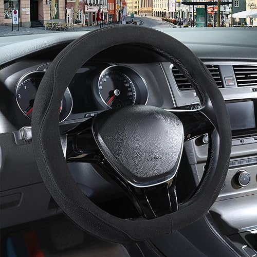 Funda para volante en forma de D de gamuza negra de 14 pulgadas, transpirable, antideslizante, a prueba de sudor, resistente al desgaste, sin