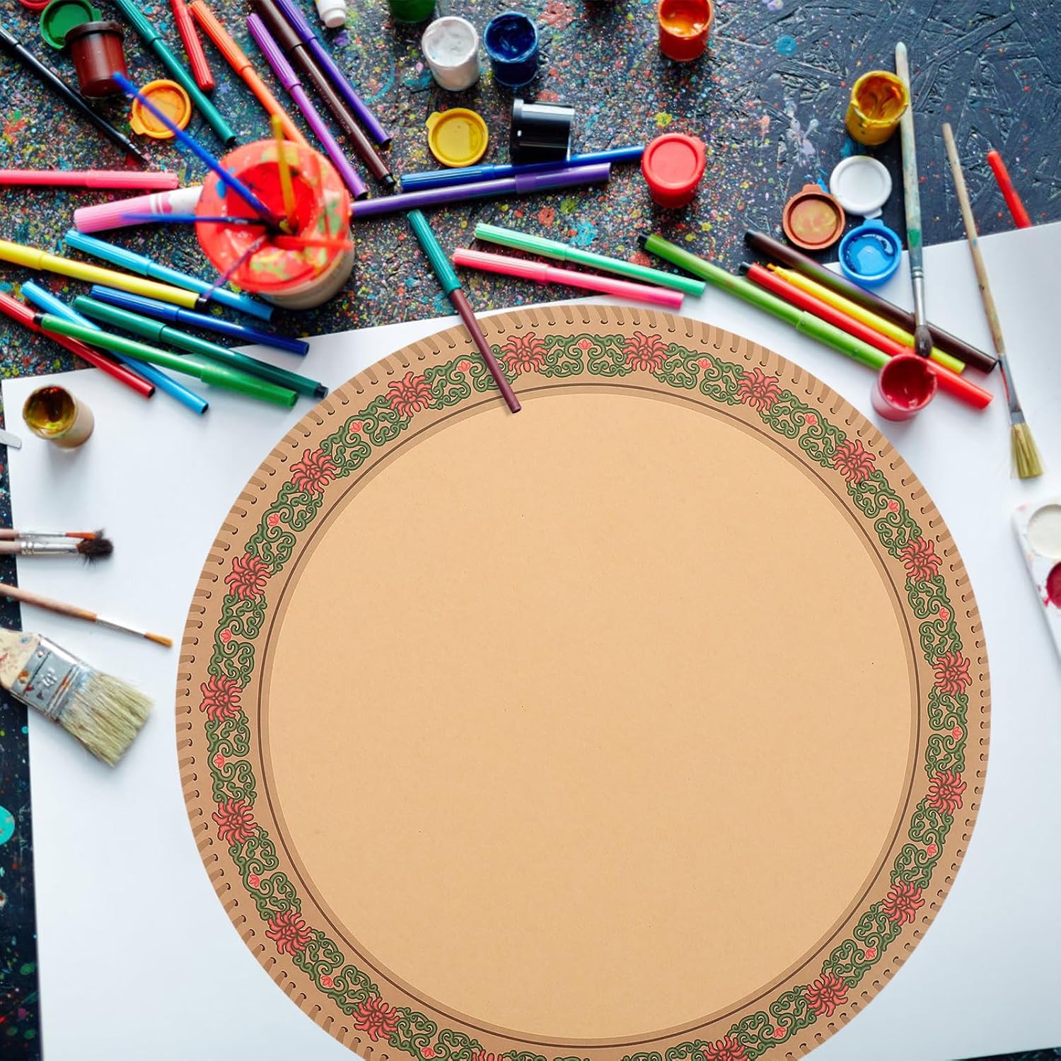 HOOWIFFY 20 Sheets Round Ethnic Design Decorative Sketch Paper with Flower Borders, Fine Craftsmanship Paper for Art Projects and Classroom Drawing, 33cm Circular Art Sheets
