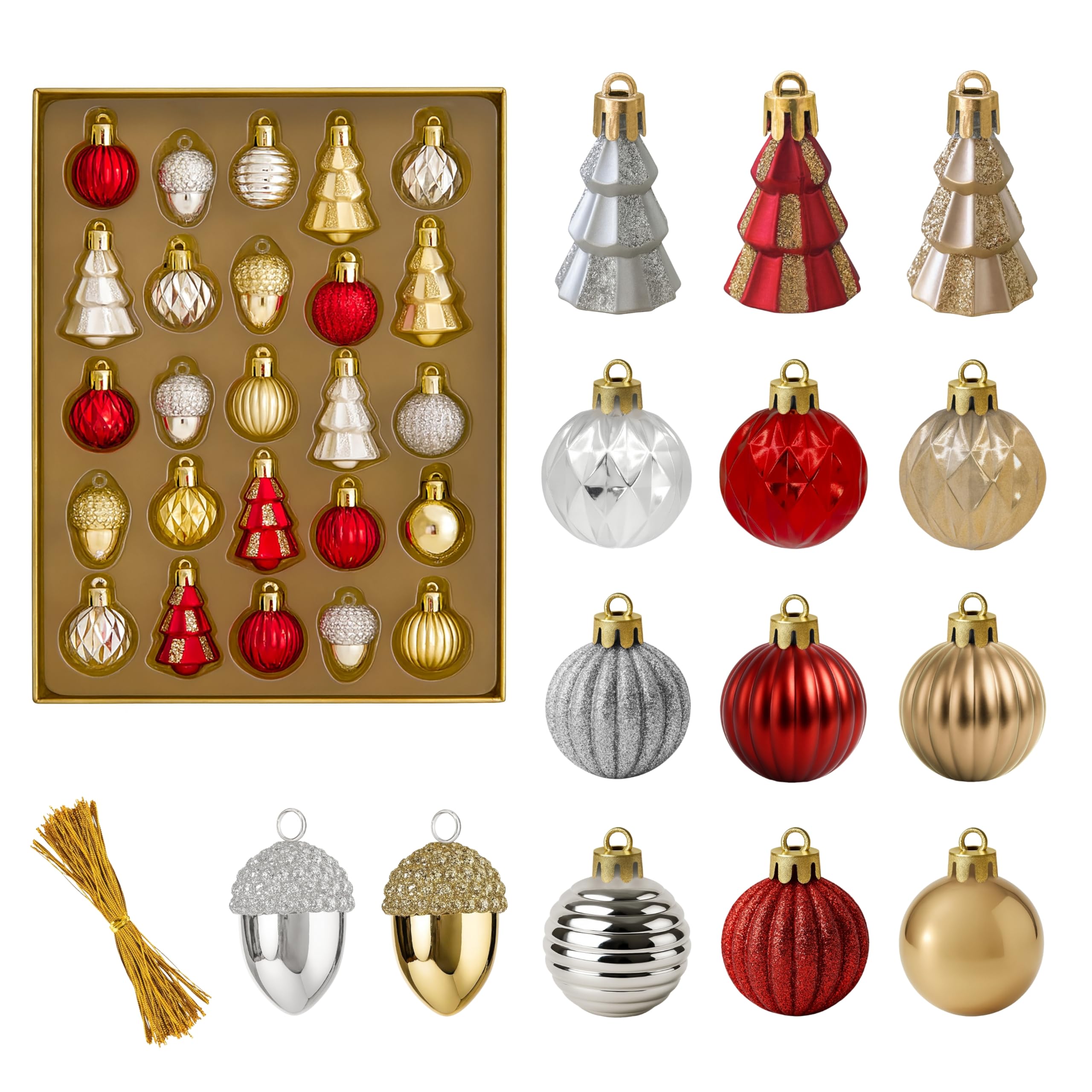 Marco Paul 25 Mini Christmas Tree Decorations Set – Assorted Small Glitter Xmas Baubles in Metallic Red, Gold & Silver - Mini Christmas Tree Ornaments for Wreaths, Crafting, Xmas Decorations — image 1