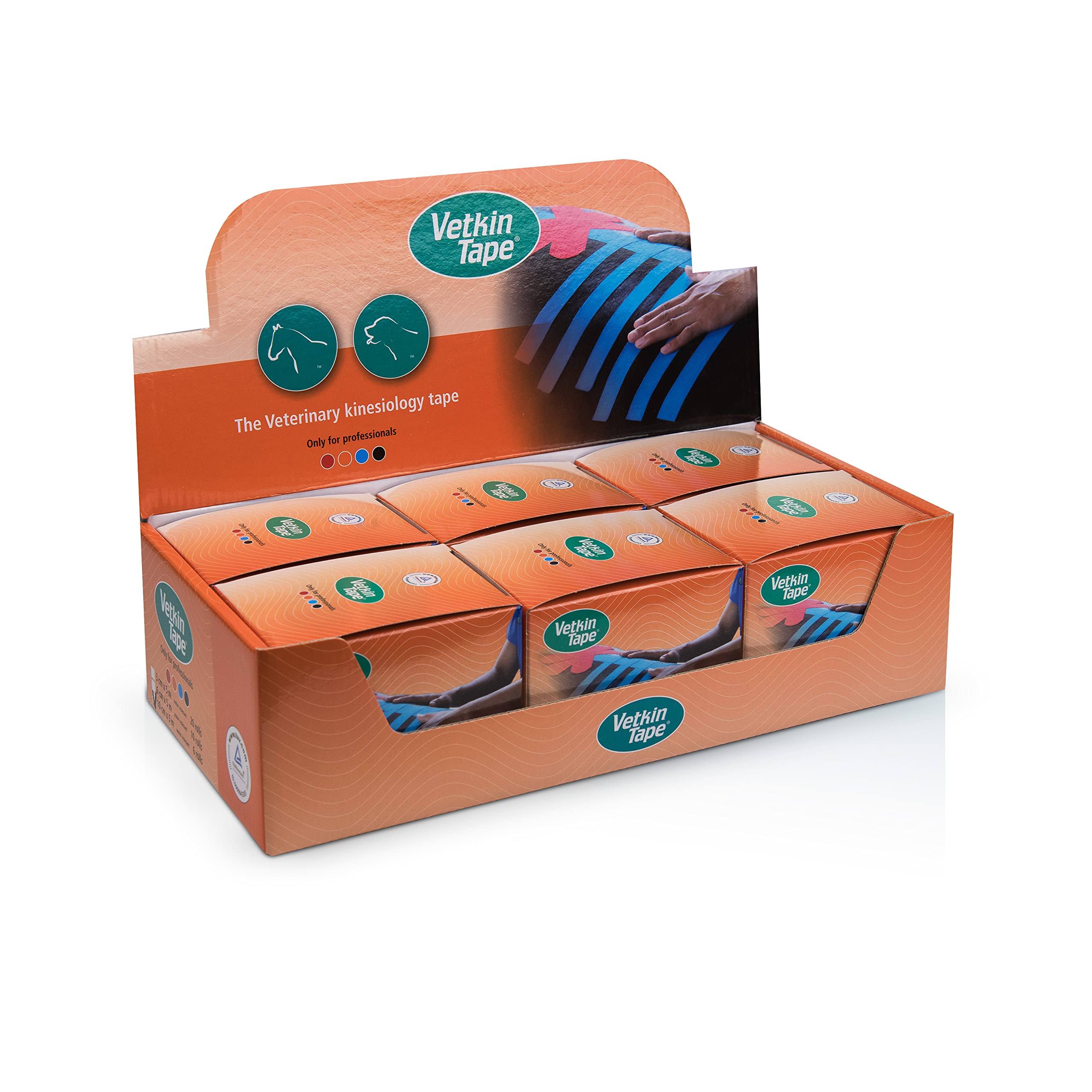 VetkinTape® Displaybox | 6 Kinesiotape Rollen für Tiere (10 cm x 5 m) | Kinesiologie Tape für Pferde und Hunde | Kinesiotapes für Tierärztliche Zwecke | Orange |