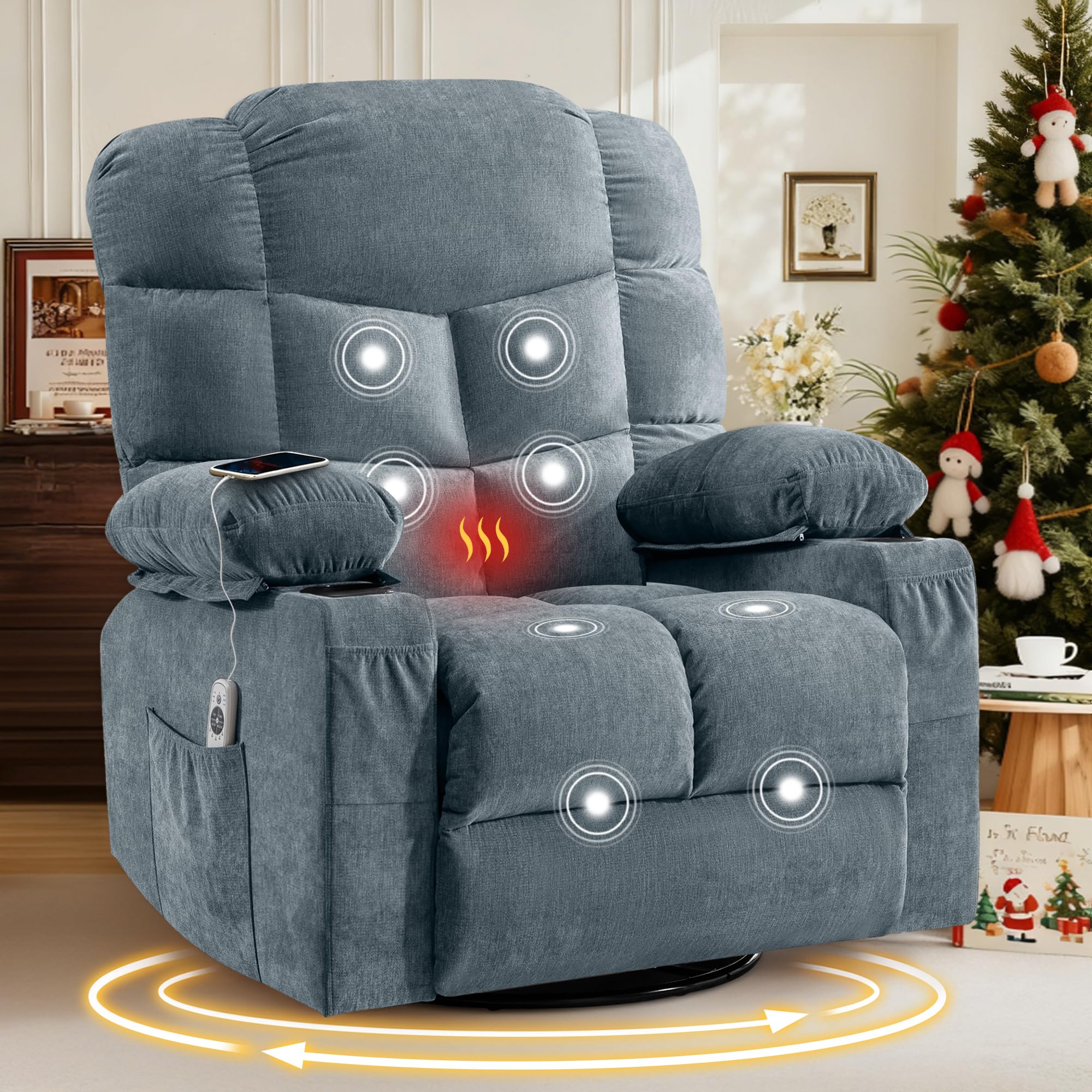 Oversized Massage Swivel Recliner Chair with Lumbar Heating for Living Room Rocker Recliner Single Sofa with Cup Holders and USB Charge Port, Large