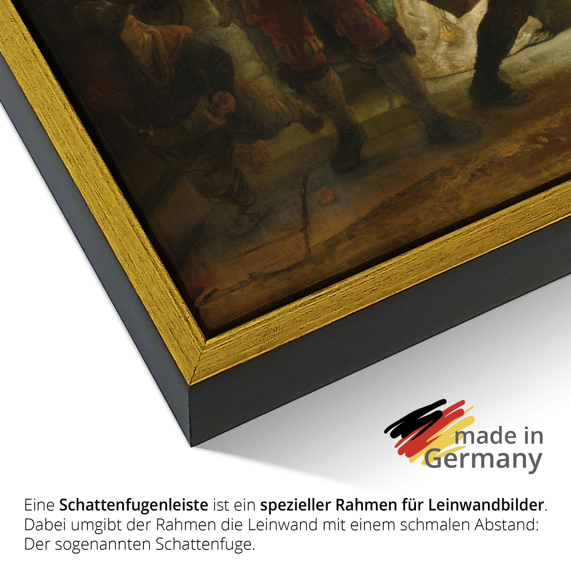 ARTLAND Leinwandbild Rembrandt Die Nachtwache Barock 80x60 cm Kunstdruck mit Schattenfugenrahmen Schwarz oder Gold - Wandbild Wohnzimmer Deko aufhängefertig Made in Germany T6IJ