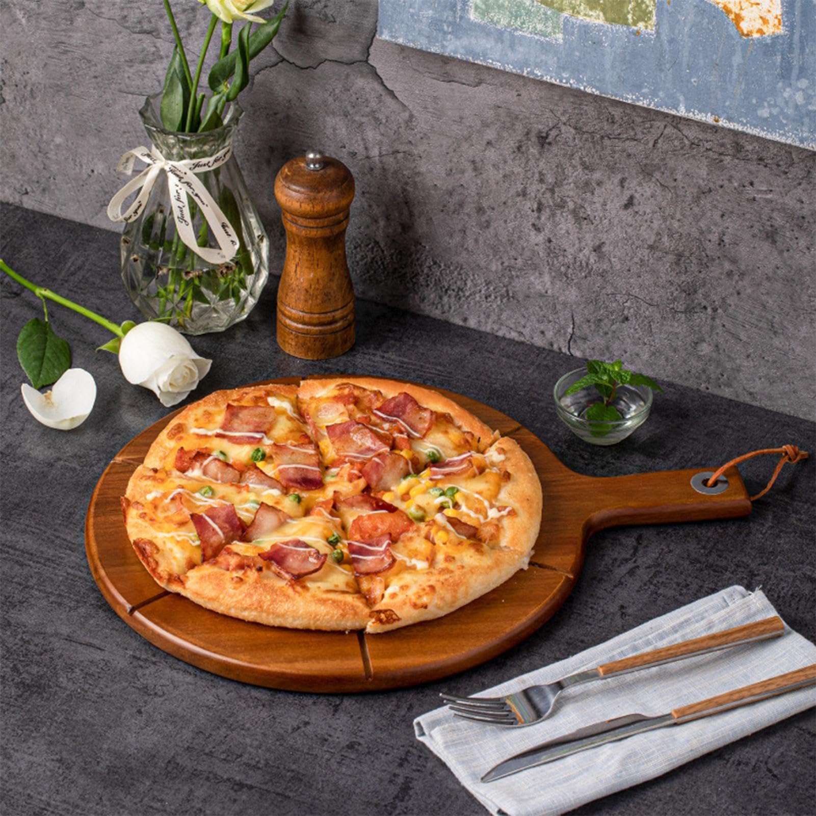 Genérico Tabla Para Servir Pizza | Con 6 Ranuras Y Mango,Tabla De Cortar Y Pala Para Pizza De Madera,Para Hornear En Casa Carne Queso Pan Fruta Comida Accesorios De Horno