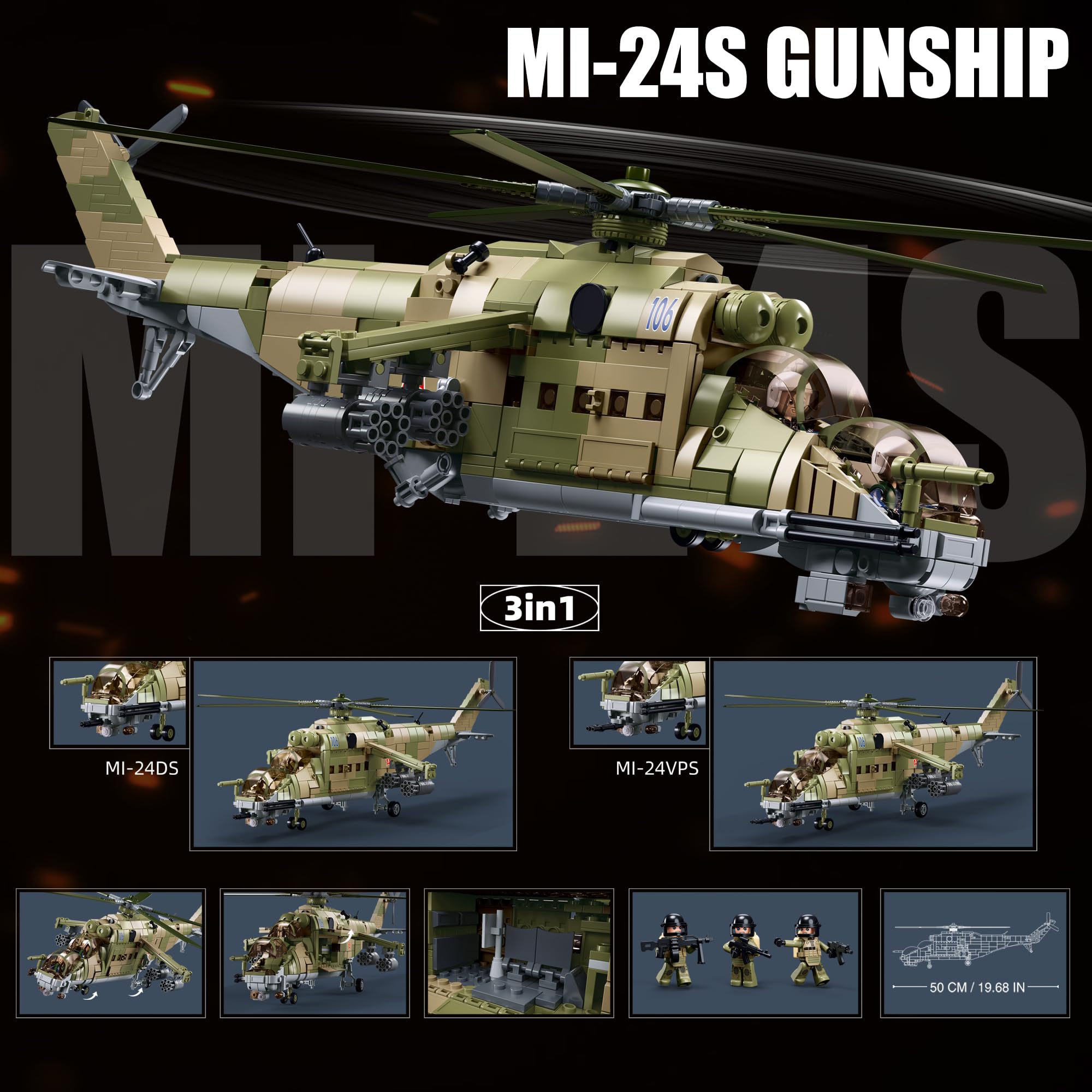 MI-24S - Juego de construcción de helicóptero, juego de ladrillos de construcción de avión militar para adultos, compatible con Lego, kit de modelo de utilidad mediana de la Fuerza Aérea con 3 figuras
