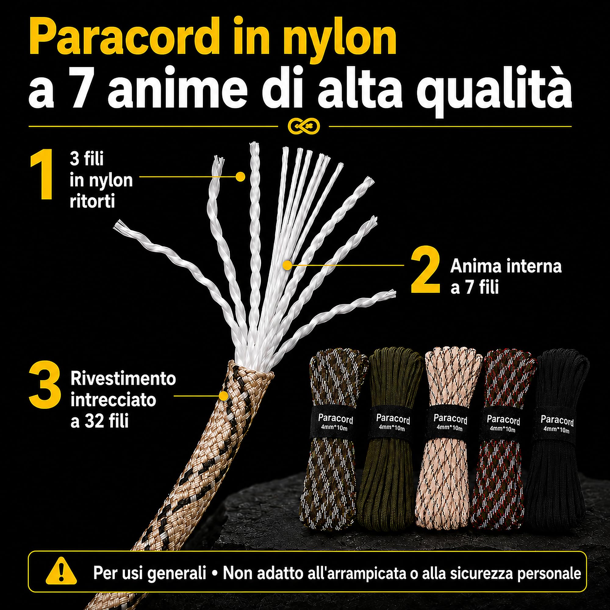 Paracord 50M 4mm 250kg Carico di Rottura 7 Fili Centrali 100% Nylon per Sopravvivenza Campeggio Escursionismo 5 Colori