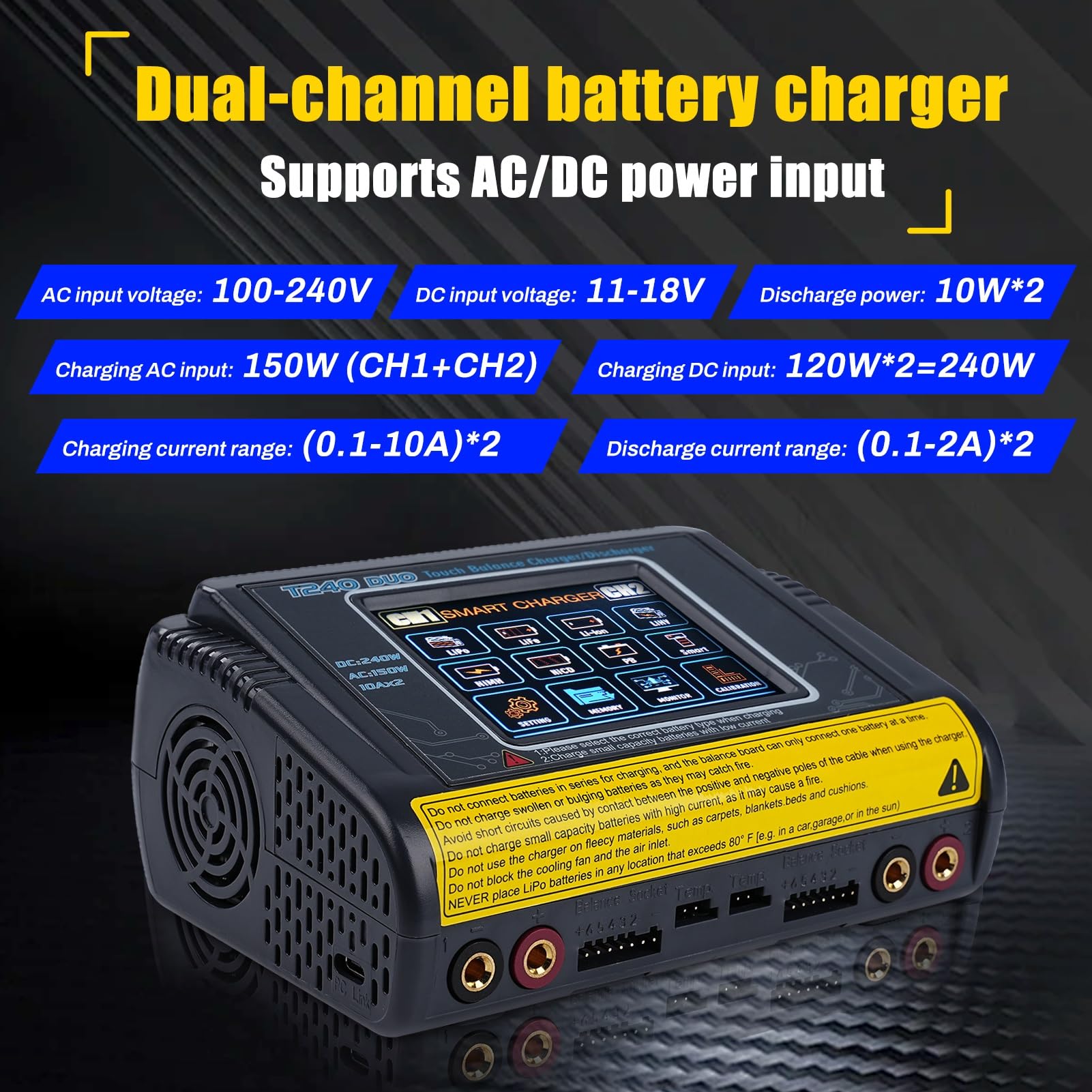 Jadeshay LiPo Ładowarka dwukanałowa AC150W DC240W 10A Cyfrowy ekran dotykowy LCD Ładowarka i rozładunek z kablem DC AC i kablami ładującymi do akumulatorów LiPo Lilon LiFe NiMH NiMH NiCd PB NiMH