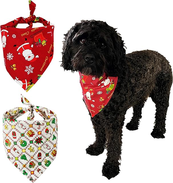 Christmas Dog Bandana x2 (large triangle) shape : 100% stitched cotton : Father Christmas Santa and XMAS presents design : Easily fits your Puppy or Adult Dog