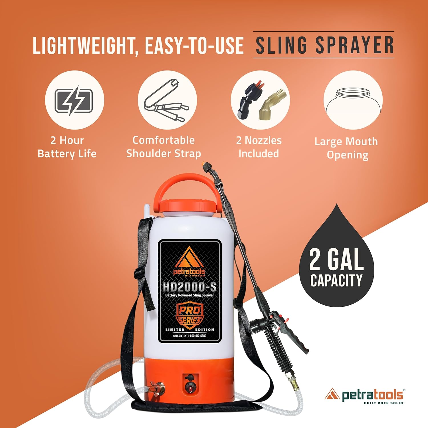 PetraTools Battery Powered Sprayer 2 Gallon – Battery Operated Sprayer for Lawn and Garden, 2 Gallon Sprayer for Weed control, Pest Control, Watering with 9 Spray Nozzles & Gloves (2Gallon Pro Series)