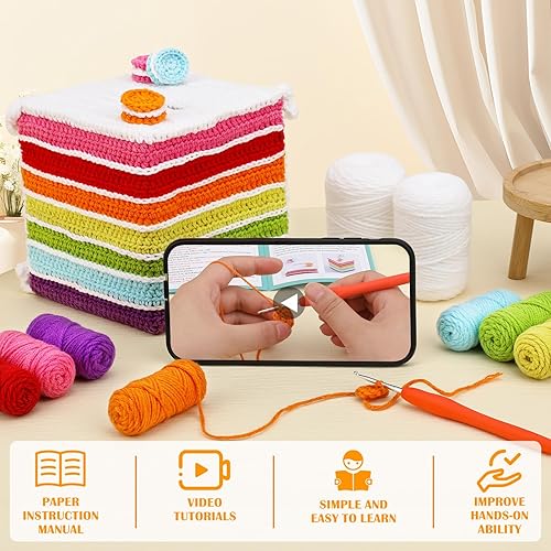 Miniatura 10 de Pnytty Kit de ganchillo para principiantes, kit de iniciación de tejido, soporte de cubierta de caja de pañuelos con tutoriales en video paso a Caja