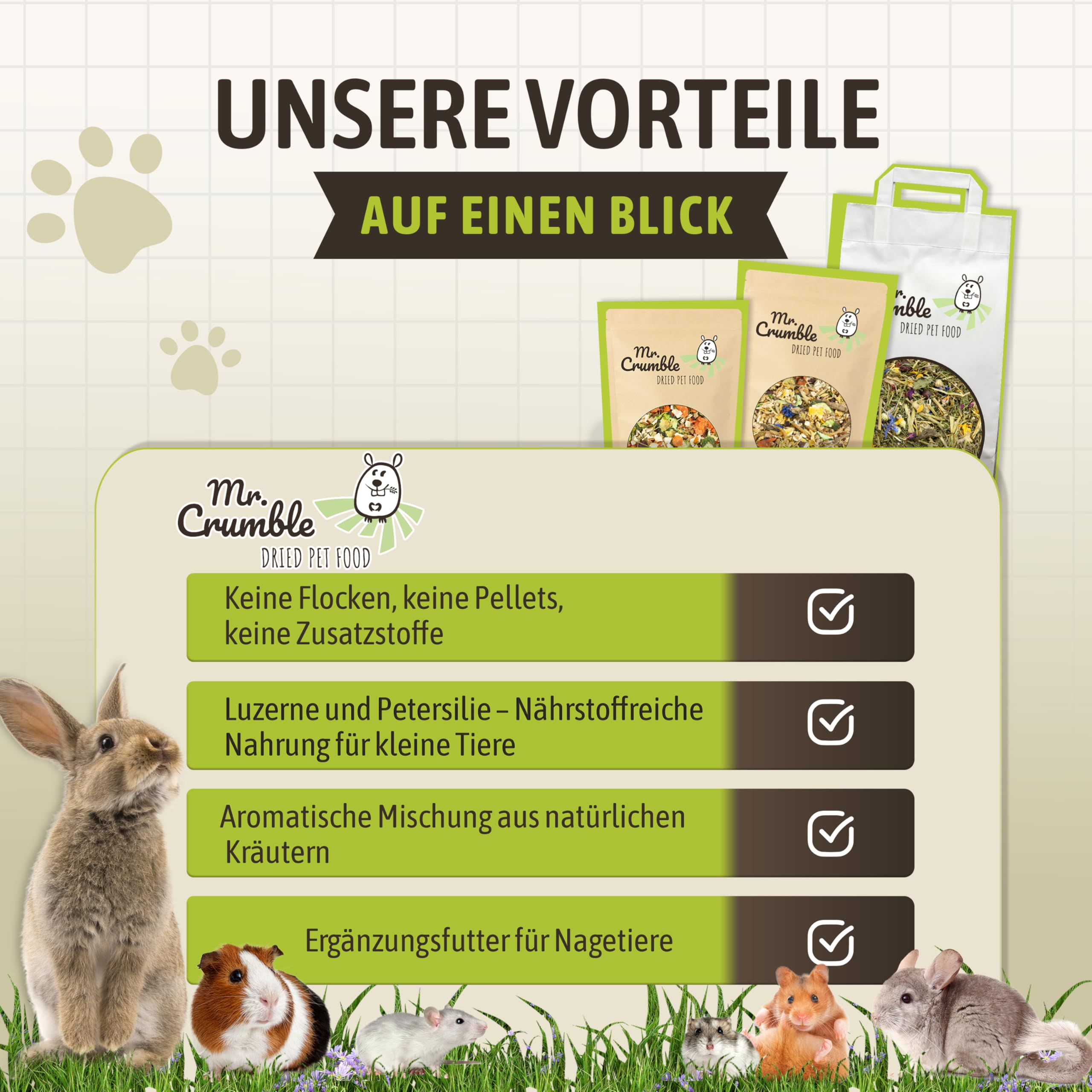 Mr. Crumble Struktur-Futter Wildwiese 5 kg – Getreidefrei & Pelletfrei – mit Kräutern & Blüten – hoher Rohfaseranteil für Verdauung & Zahnpflege bei Kaninchen, Chinchillas, Meerschweinchen & Degus