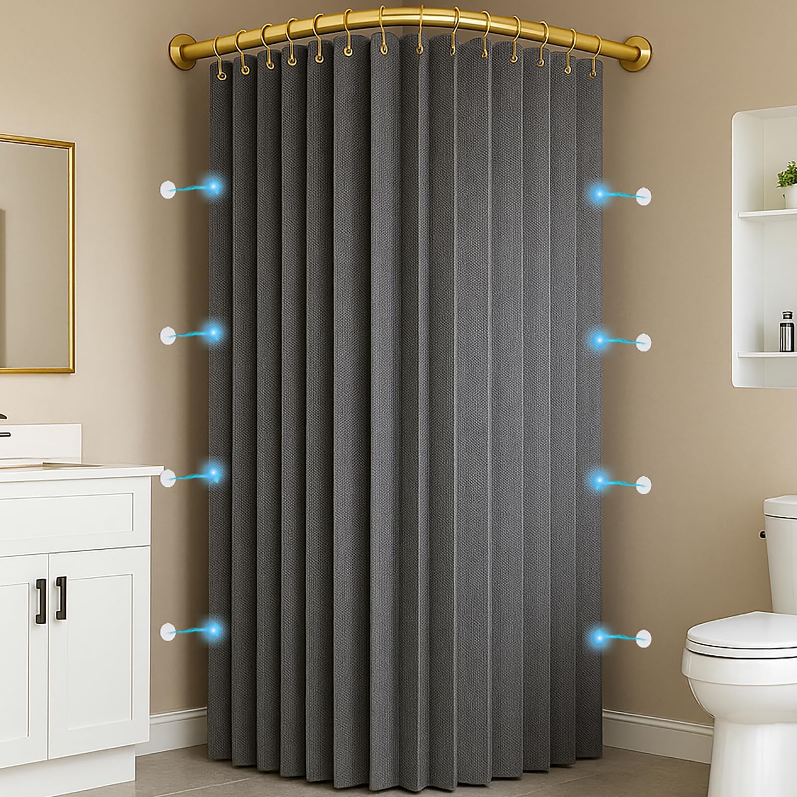 Cortina de ducha magnética impermeable de 71 x 71 pulgadas, antimoho, plegable y lavable, tela para baño, color gris, 230 g/m², diseño de gancho en las esquinas