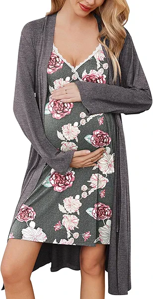 Ekouaer Maternity Nursing Gown and Robe Set