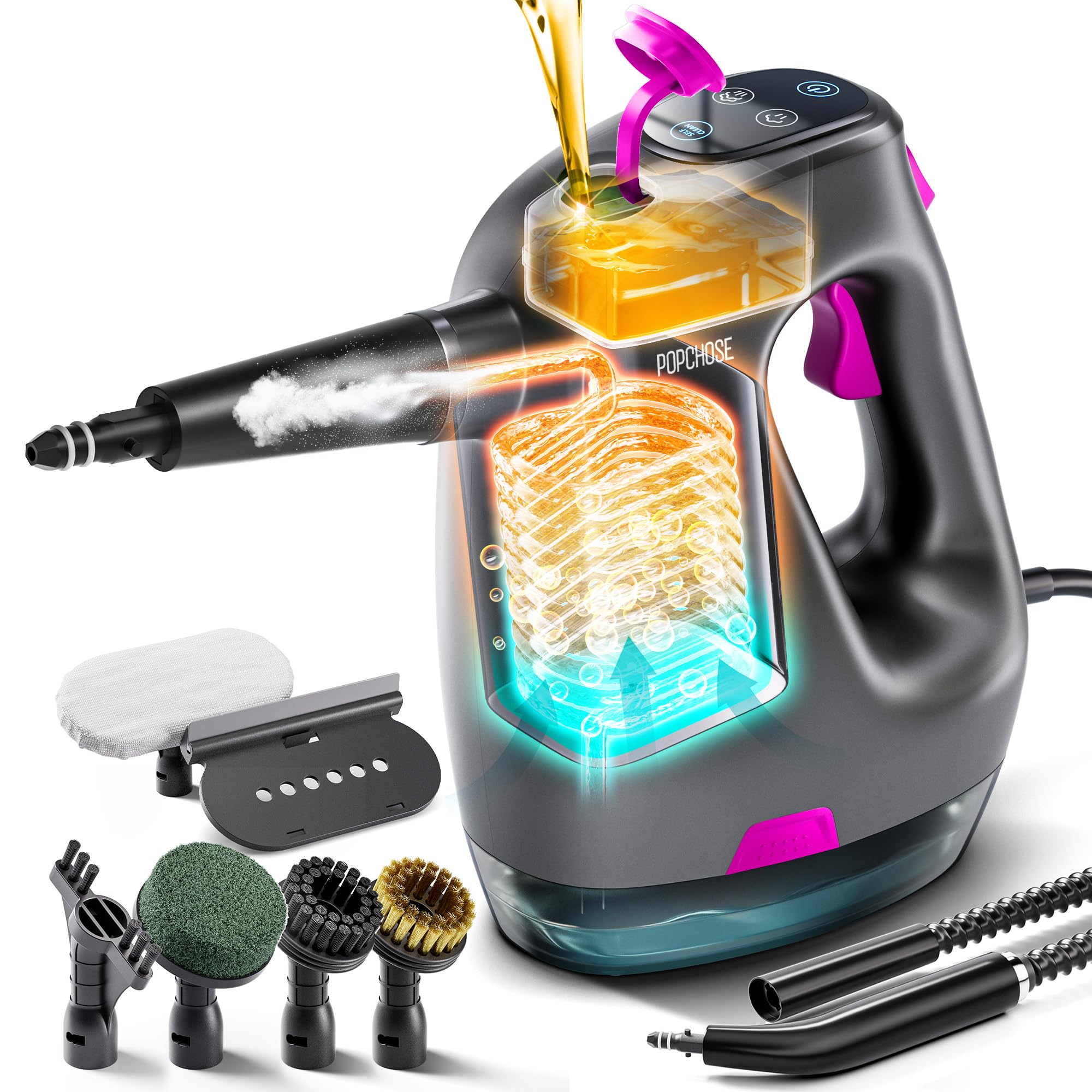 POPCHOSE Steam Cleaner with Detergent Dispenser 15s Heat-Up Handheld Steam Cleaner for Home 500ml Removable Water Tank Lightweight