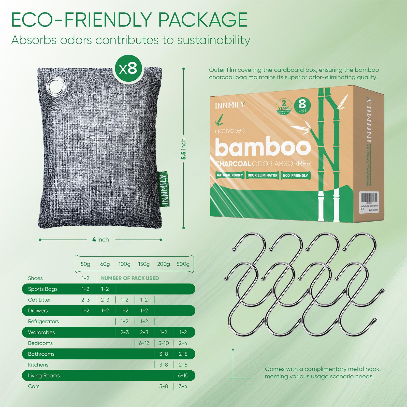 Absorbedor de olores de carbón activado, paquete de 8 ganchos con ganchos, eliminador de olores naturales, bolsas purificadoras de aire de carbón de bambú, absorbentes de humedad para el hogar, coche