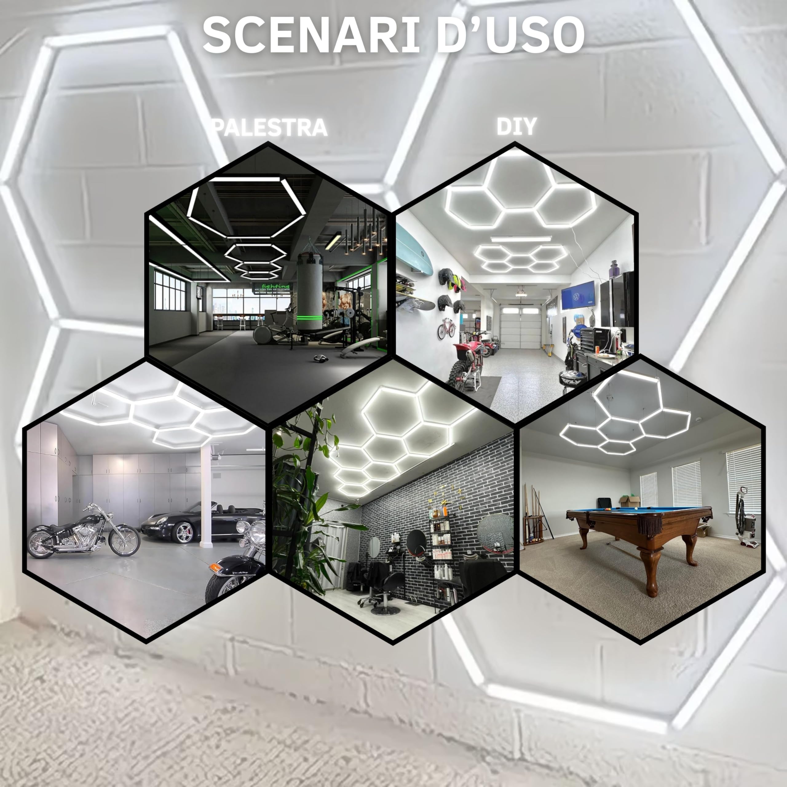 YASTA Plafoniera LED Esagonale 5 Esagoni Garage 168W Luci a Nido D'Ape | Luce Fredda 6500K, Sistema di Illuminazione Modulare Esagonale, Uktra Luminosa, Officina, Palestra e Negozi