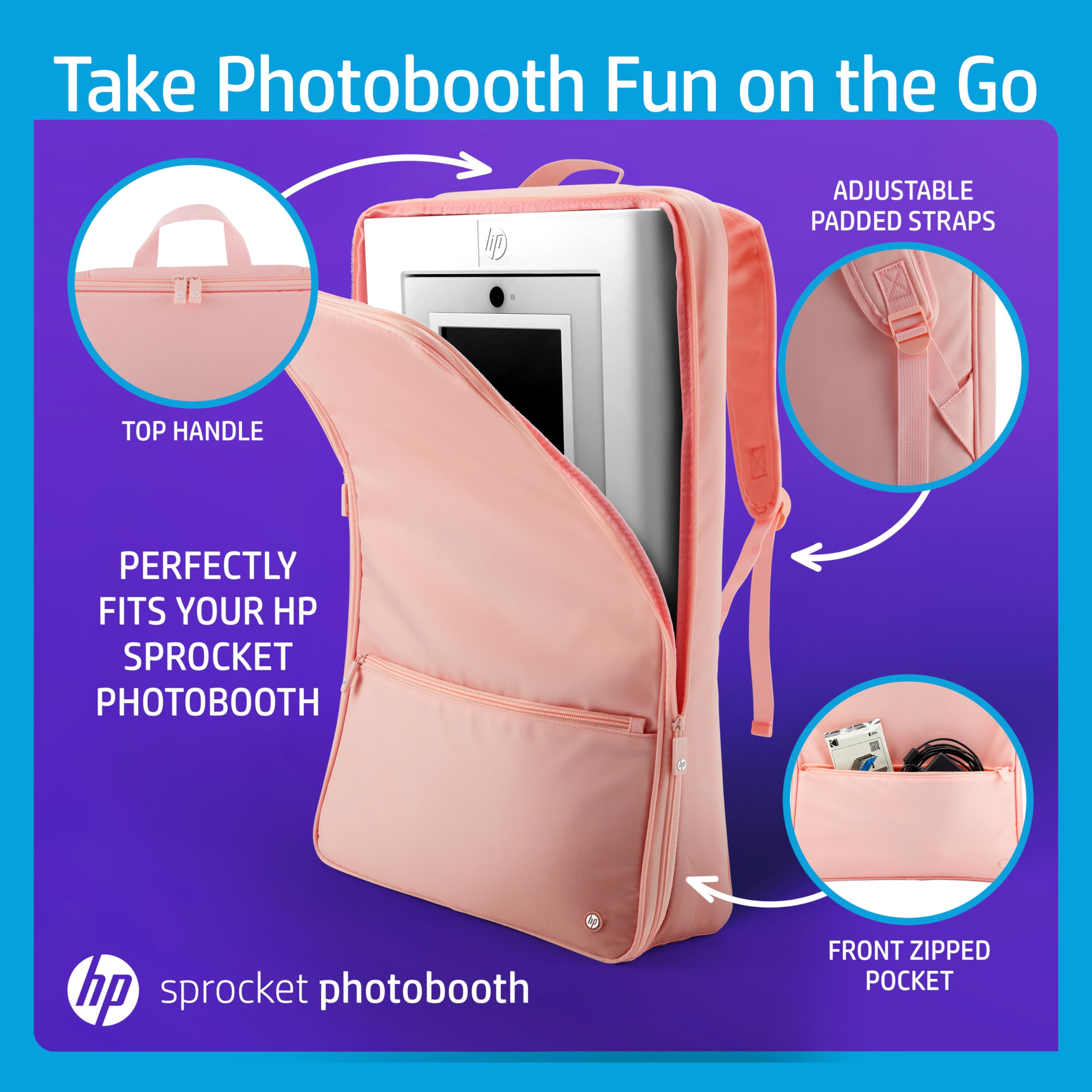 HP Reiserucksack für Sprocket Photobooth – Gepolsterte Tasche mit verstellbaren Schultergurten und Front-Reißverschlusstasche (Rosa)