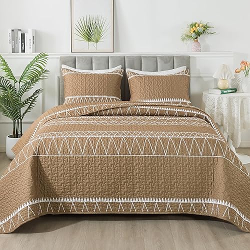 Miniatura 8 de Andency Juego de edredón beige California King (112 x 104 pulgadas), 3 piezas (1 edredón estampado triangular a rayas y 2 fundas de almohada), juego