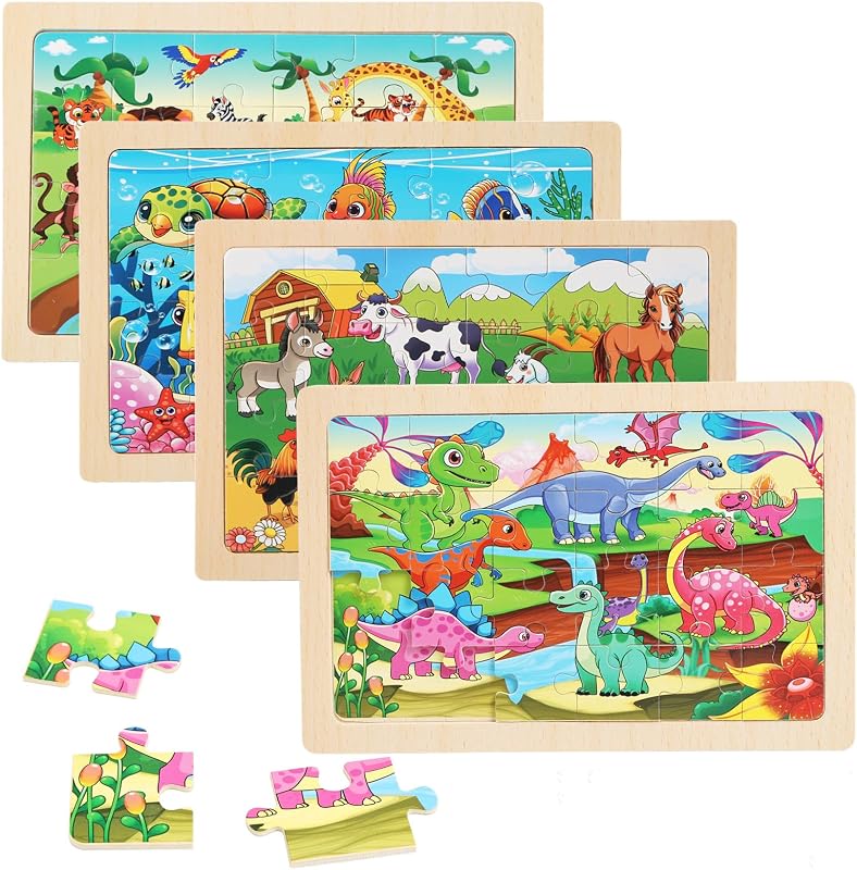 Puzzles for Kids Ages 4-6, 4 Packs 24 Piece Wooden Jigsaw Puzzle for Toddlers 5-8, Preschool Educational Puzzle Boards Toys Gifts for 4 5 6 7 8 Boys Girls