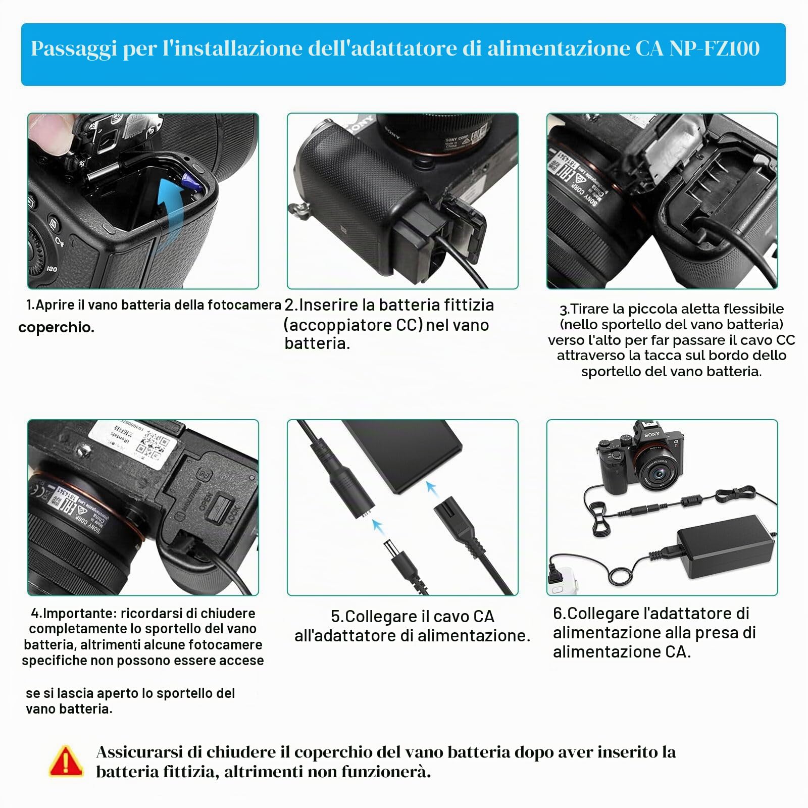 NP-FZ100 - Adattatore di alimentazione a batteria fittizio per Sony FX3/A7S III/A7 IV/A7R V/A1/A9 II/FX30/A6700/ZV-E1/ZV-E10 II - Alimentatore di rete continua per studio live streaming e scatti a