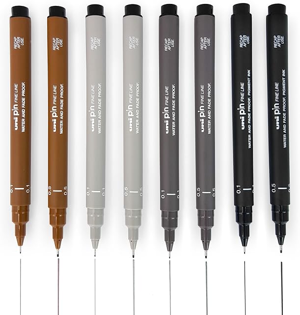 Uni Pin Fineliner Drawing Pen - Sketching Set of 8-0.1mm / 0.5mm - Black, Dark Grey, Light Grey, and Sepia