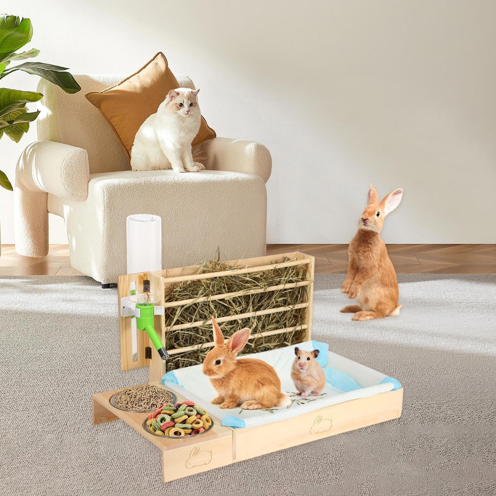 Comedero de con Arenero, Comedero de de Madera con 2 Y para Cobayas, Chinchillas Y Conejos.