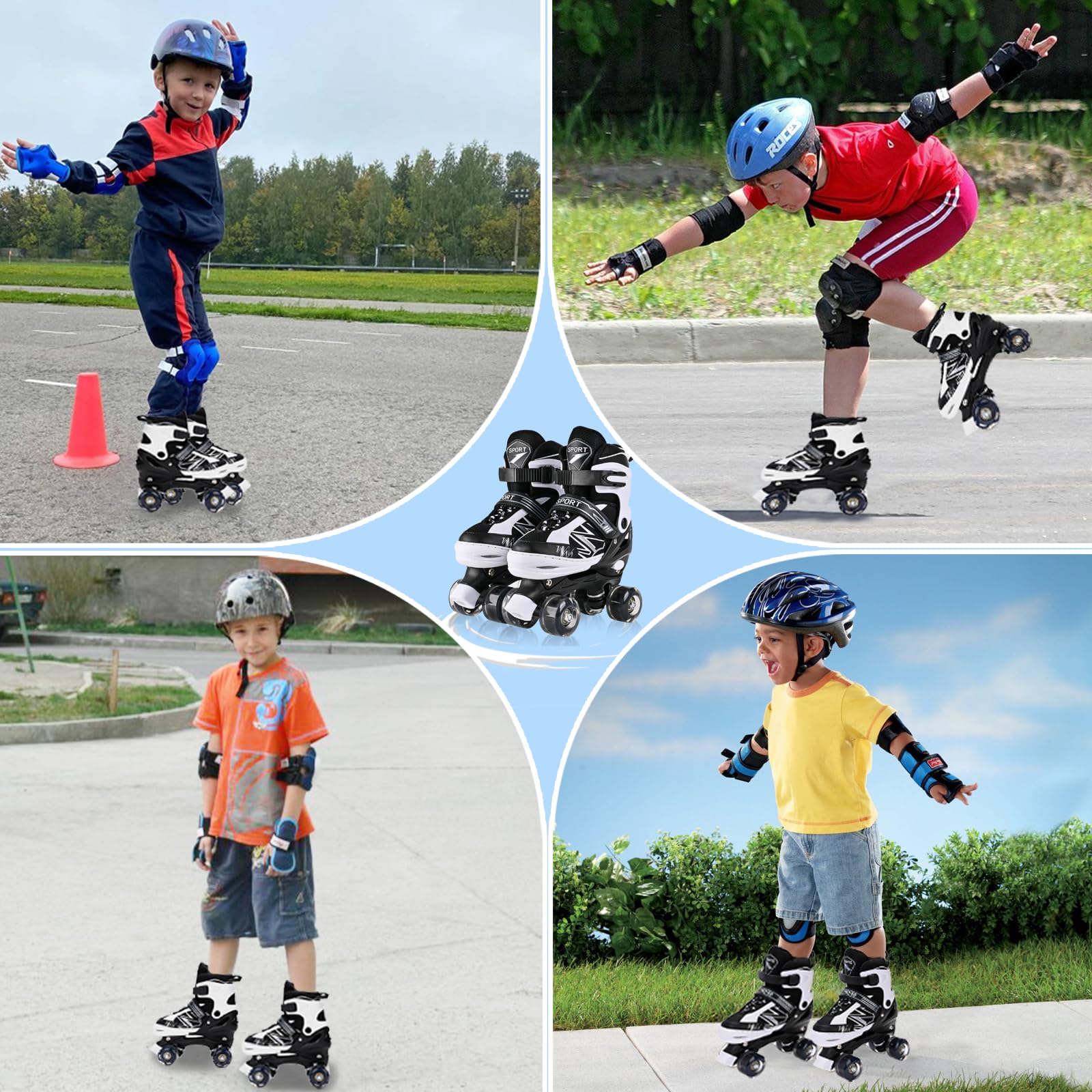 Rollschuhe für Kinder Jungen Mädchen Anfänger, Einstellbar 4 Größen für Kinder und Jugendliche Teenager, Quad Violett und Weiß Rollschuhe für Sport