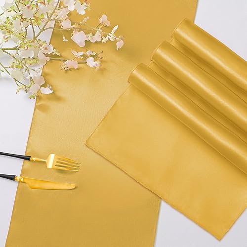 Miniatura 5 de Paquete de 12 caminos de mesa satinados de oro amarillo de 12 x 108 pulgadas, caminos de mesa lisos para banquetes de boda, fiesta de cumpleaños