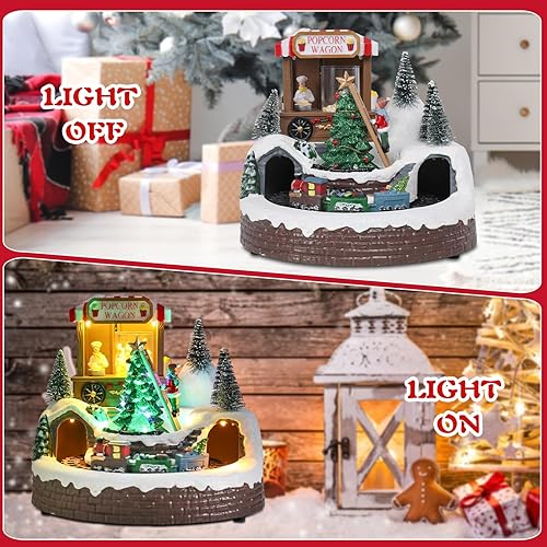 Miniatura 7 de Bshine Decoración de pueblo navideño, tren giratorio y árbol de Navidad, adornos musicales de Navidad con luces LED para decoración de escritorio