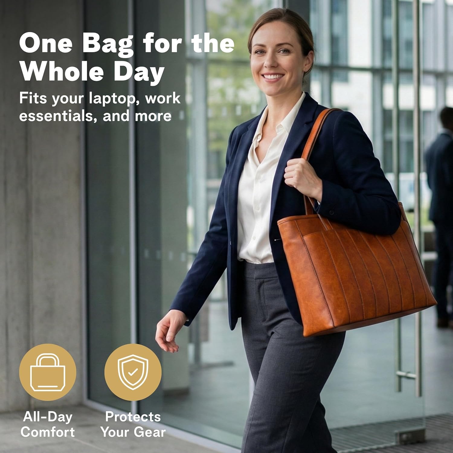 Laptop Tote Bag for Women – 14" Vegan Leather Work Tote bag with Zipper & Padded Compartment – Structured Shoulder Handbag - Image 2