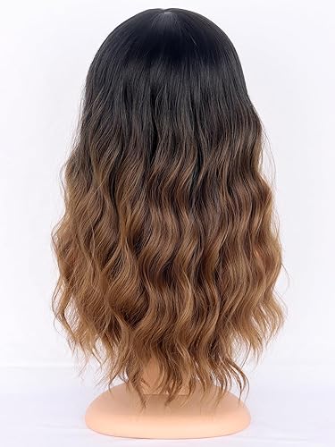 Miniatura 6 de Pelucas onduladas de color marrón degradado con flequillo para mujer, pelucas sintéticas de longitud media, pelucas sintéticas onduladas naturales