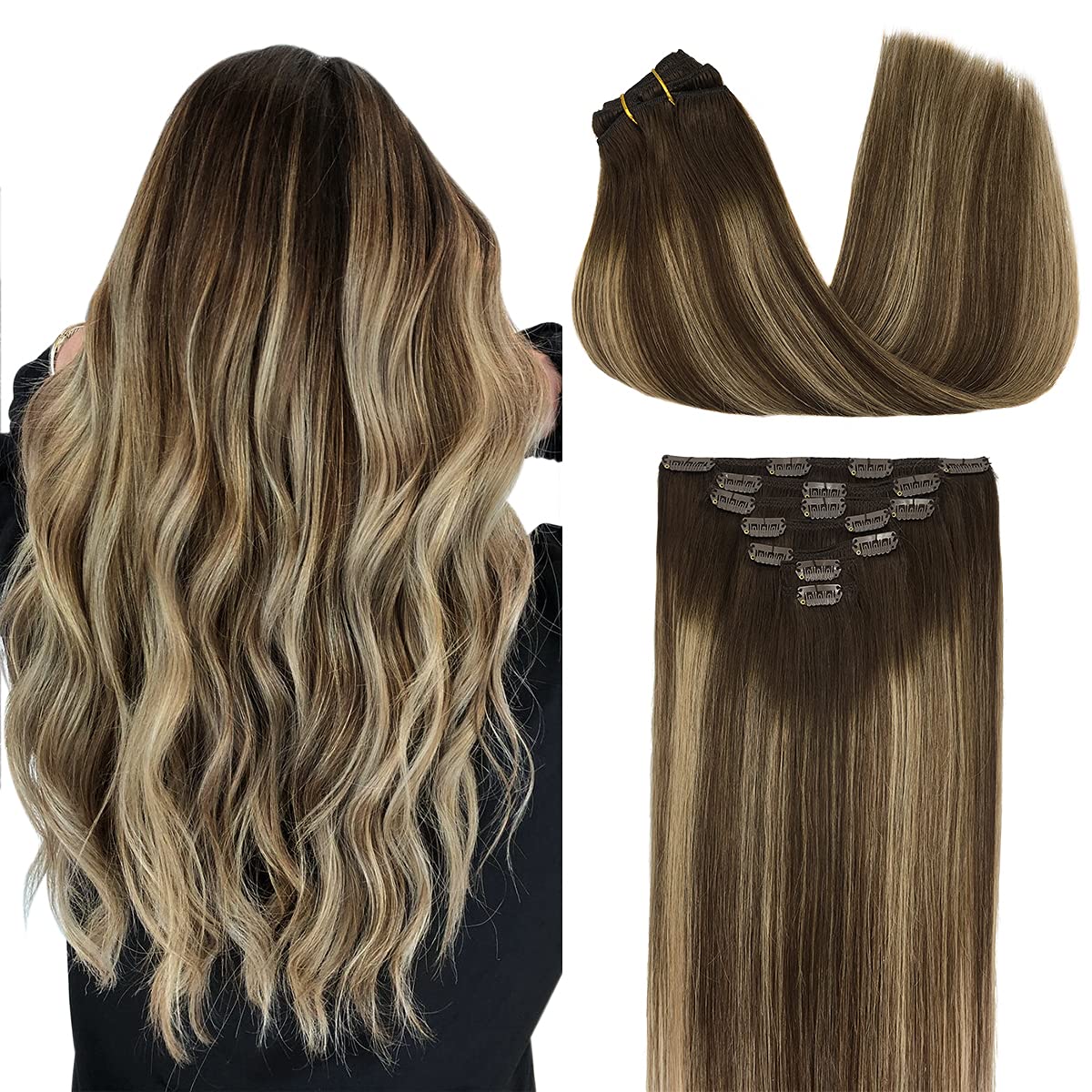 DOORESClip in Hair Extensions human Hair Balayage Chocolate Brown to Honey Blonde 18 Inch 7pcs 120g Remy Hair Extensions Clip in Straight Natural Hair Extensions Clip in Real ExtensionsClimatePartner certified