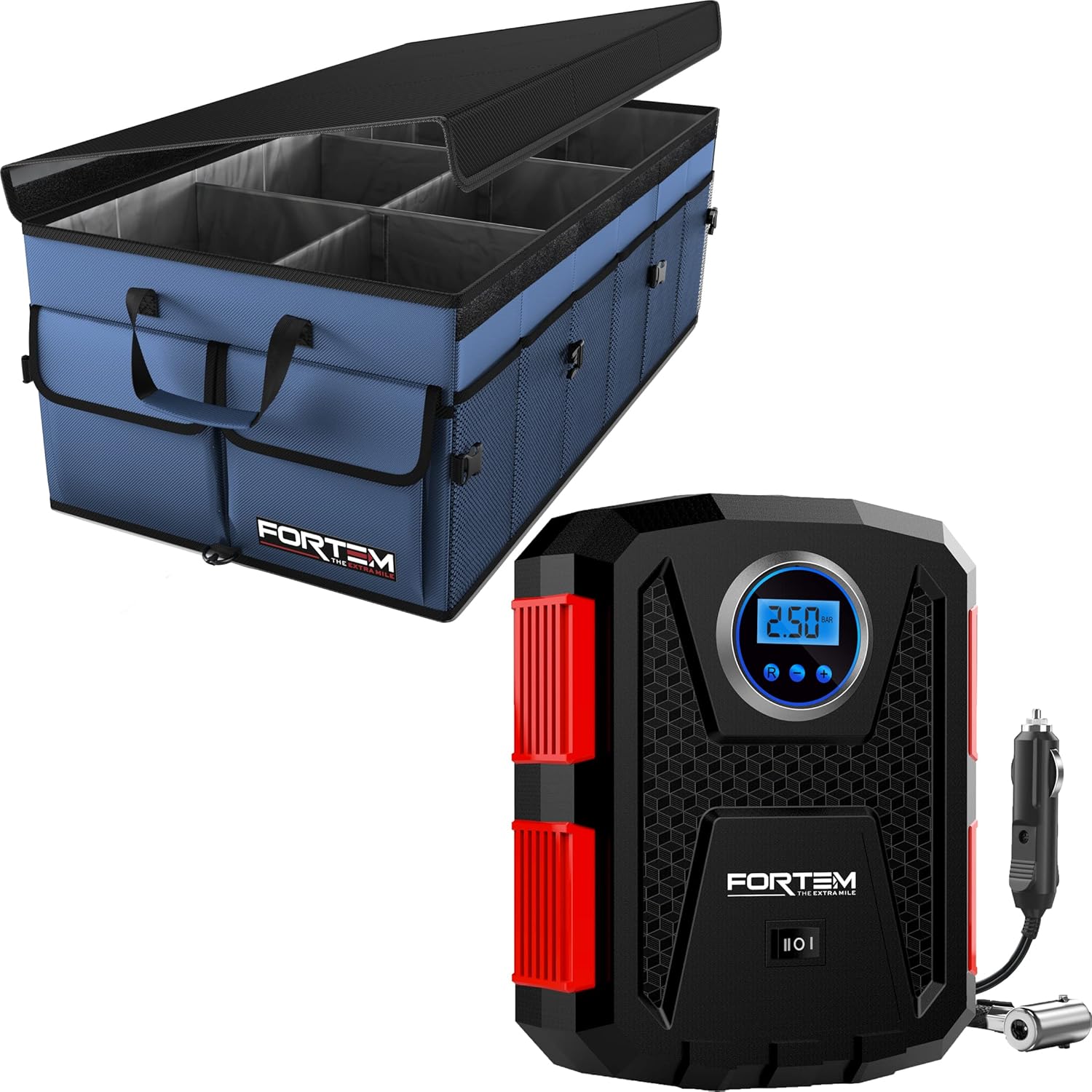 FORTEM Car Trunk Organizer (Blue, Extra Large) + Portable Tire Inflator